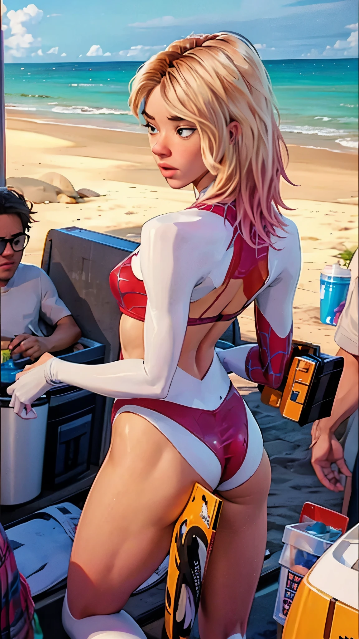 Gwen Stacy, solo, red bikini, sexy, hot, showing sexy ass, on the beach,gwen Stacy face