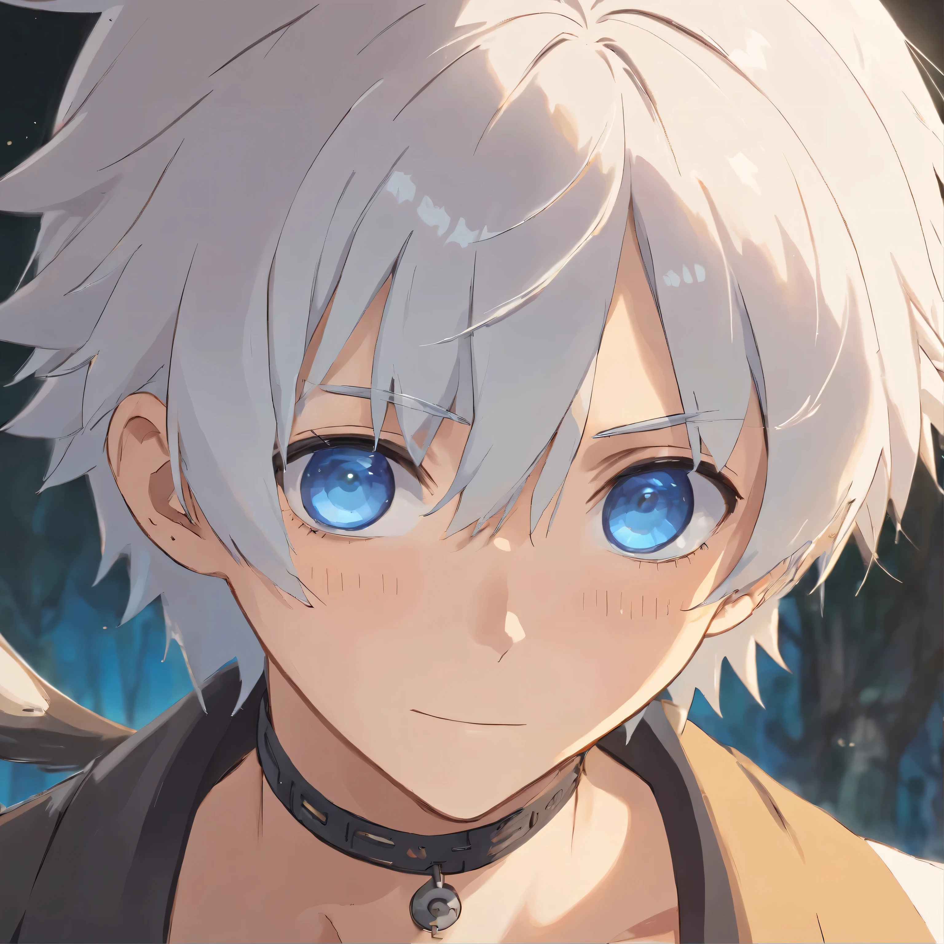 masterpiece, best quality, movie still, 1man, neutral face, (male focus:1.2), (cute:1.2), 9s from nier automata, blushing, blue eyes, white hair, choker