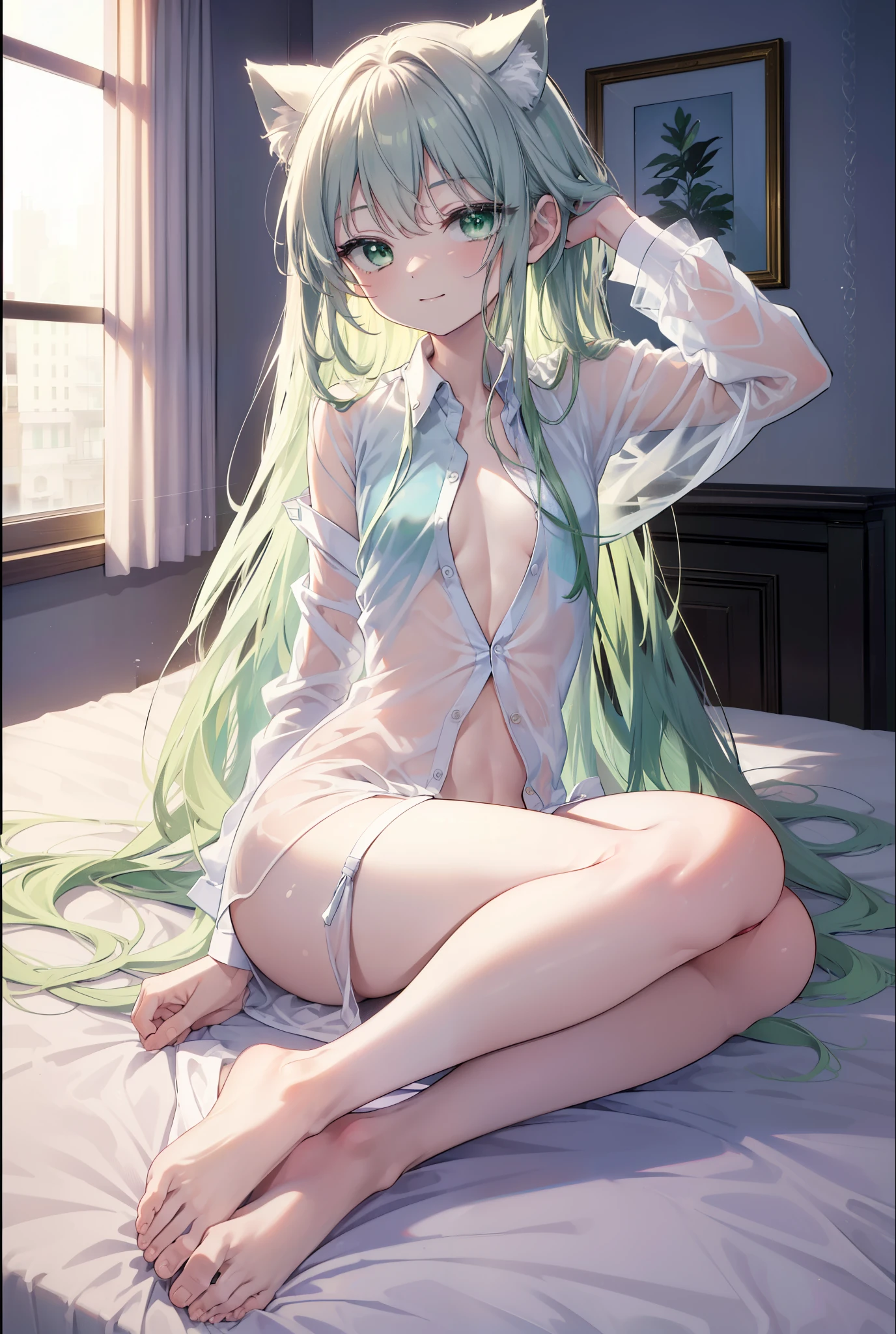 index, index, (green eyes:1.5), silver hair, long hair, (flat chest:1.2),Cat ear,cat tail,happy smile, smile, open your mouth,open shirt, oversized shirt, oversized clothes,black string underwear, barefoot,barefoot,Transparent silhouette, see-through shirt, arm behind head, Sitting on the bed,morning,morning日,the sun is rising,
break looking at viewer, Upper body, whole body,
break indoors, Bedroom,
break (masterpiece:1.2), highest quality, High resolution, unity 8k wallpaper, (figure:0.8), (beautiful deしっぽed eyes:1.6), extremely deしっぽed face, perfect lighting, extremely deしっぽed CG, (perfect hands, perfect anatomy),