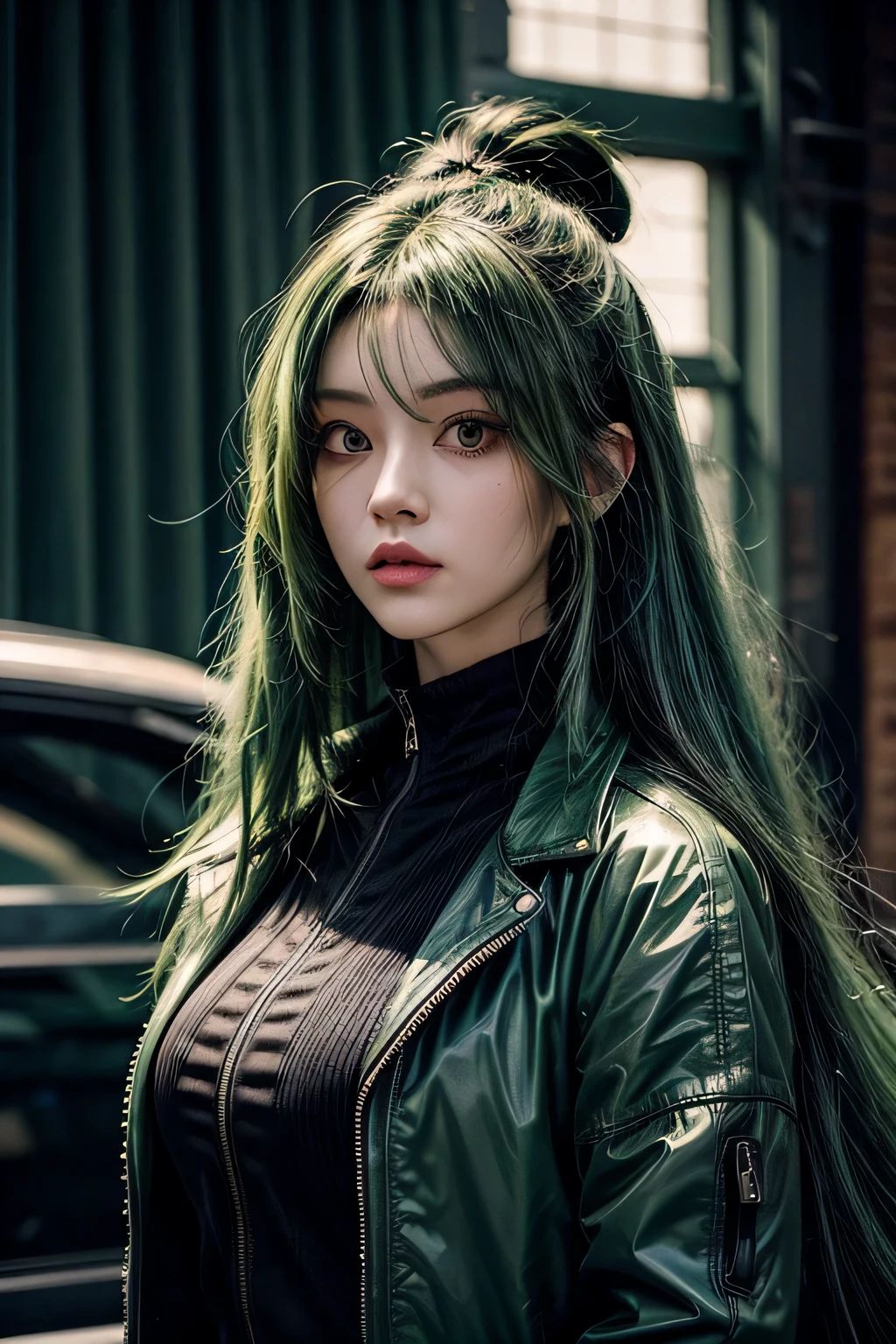 a woman with green hair and a black jacket posing for a picture, green hair, green wavy hair, ross tran style, anime style mixed with fujifilm, dark green hair, cyberpunk style color, anime girl with teal hair, ross tran 8 k, green and black hair, anime girl in real life, green mane, photograph of a techwear woman, green flowing hair