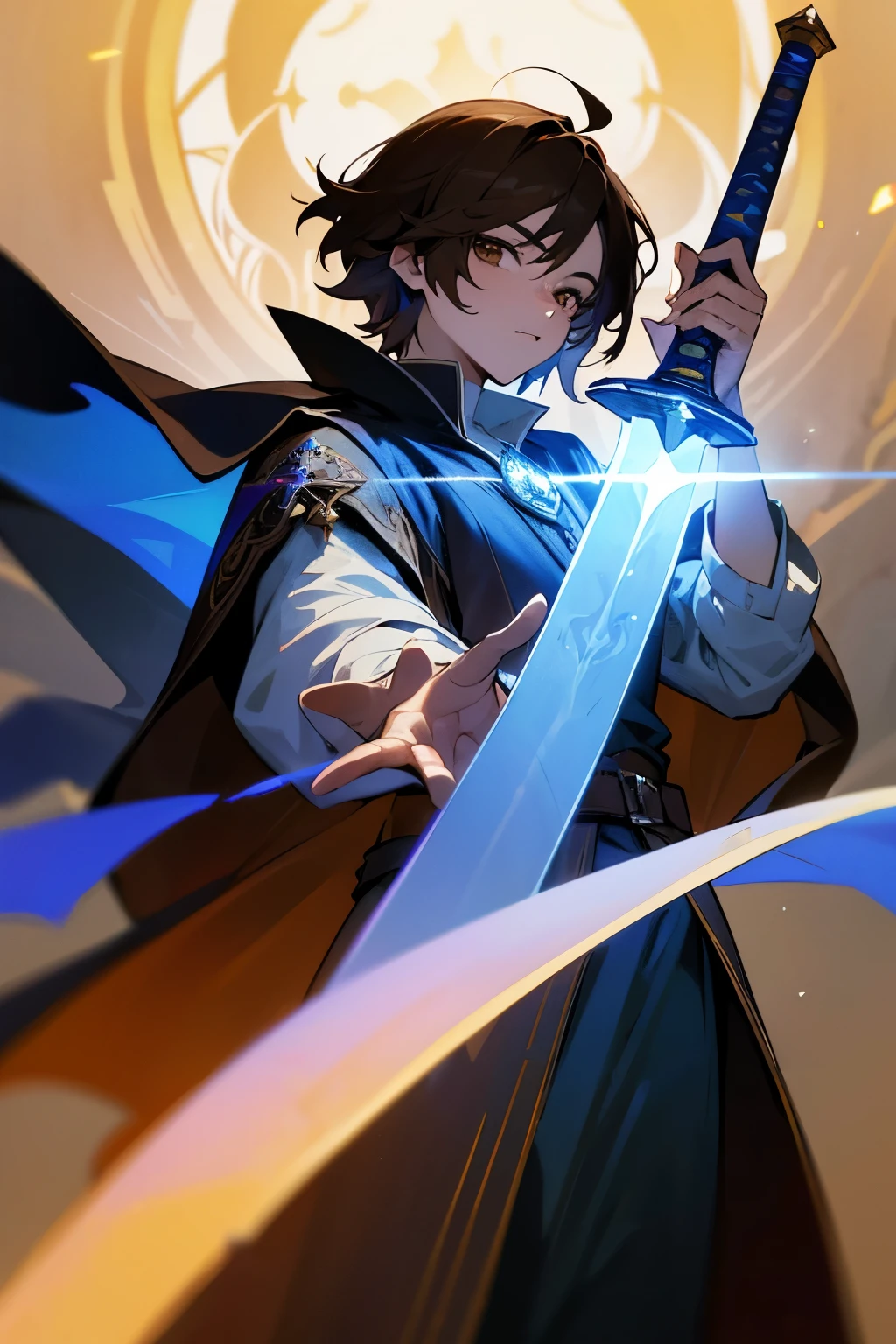 1 guy, short brown hair, brown eyes, wearing shirt, aristocratic long black cape, holding summoned blue magic sword, fantasy, dnd, medieval, magic, wizzard, blue, high res, ultrasharp, 8K, masterpiece, looking at viewer