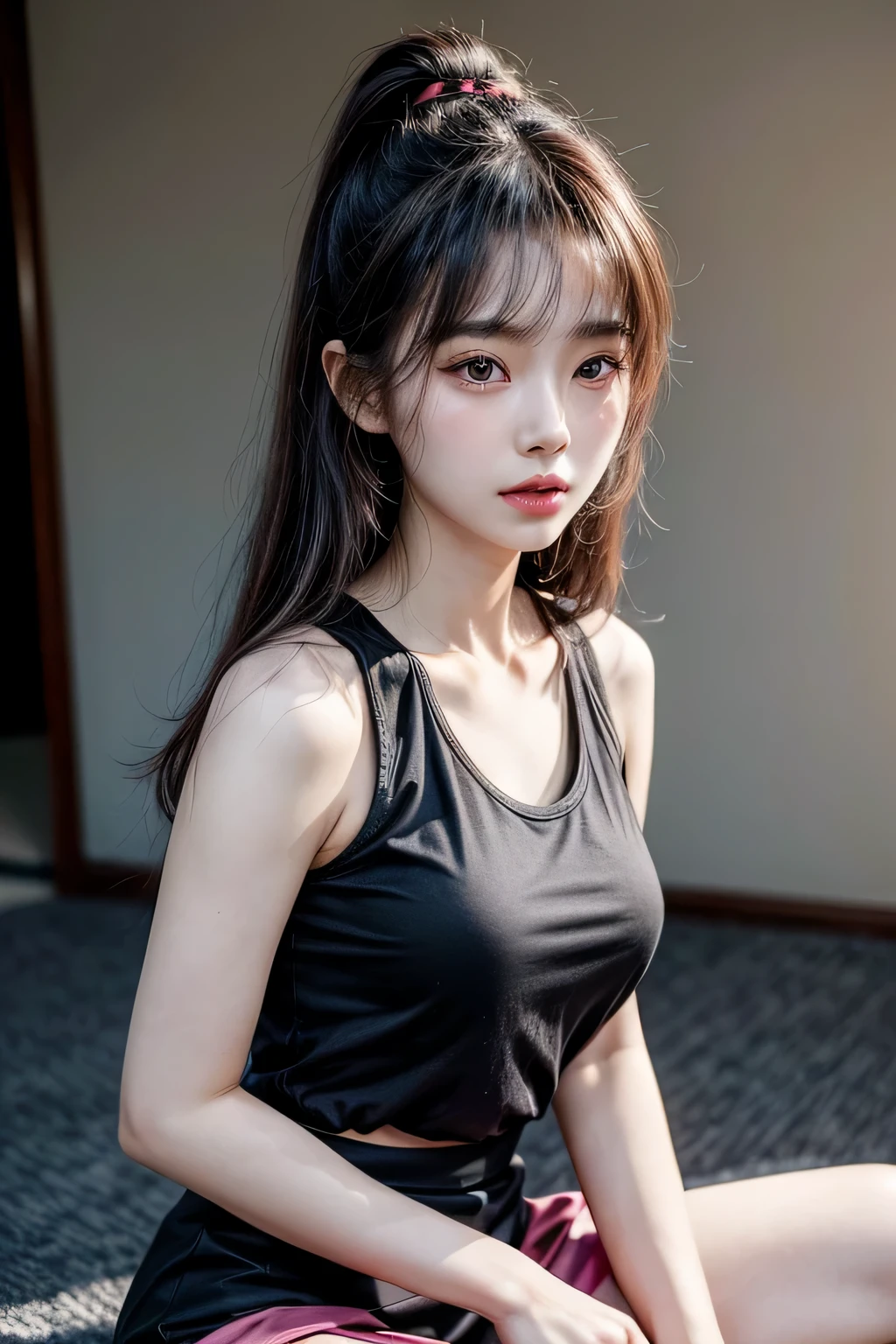 a close up of a woman in a black top and pink skirt, gorgeous young korean woman, gorgeous chinese model, open v chest clothes, beautiful south korean woman, korean girl, beautiful asian girl, she is wearing a black tank top, black top, beautiful young korean woman, japanese model, chinese girl, asian girl, an asian woman, wearing a cute top