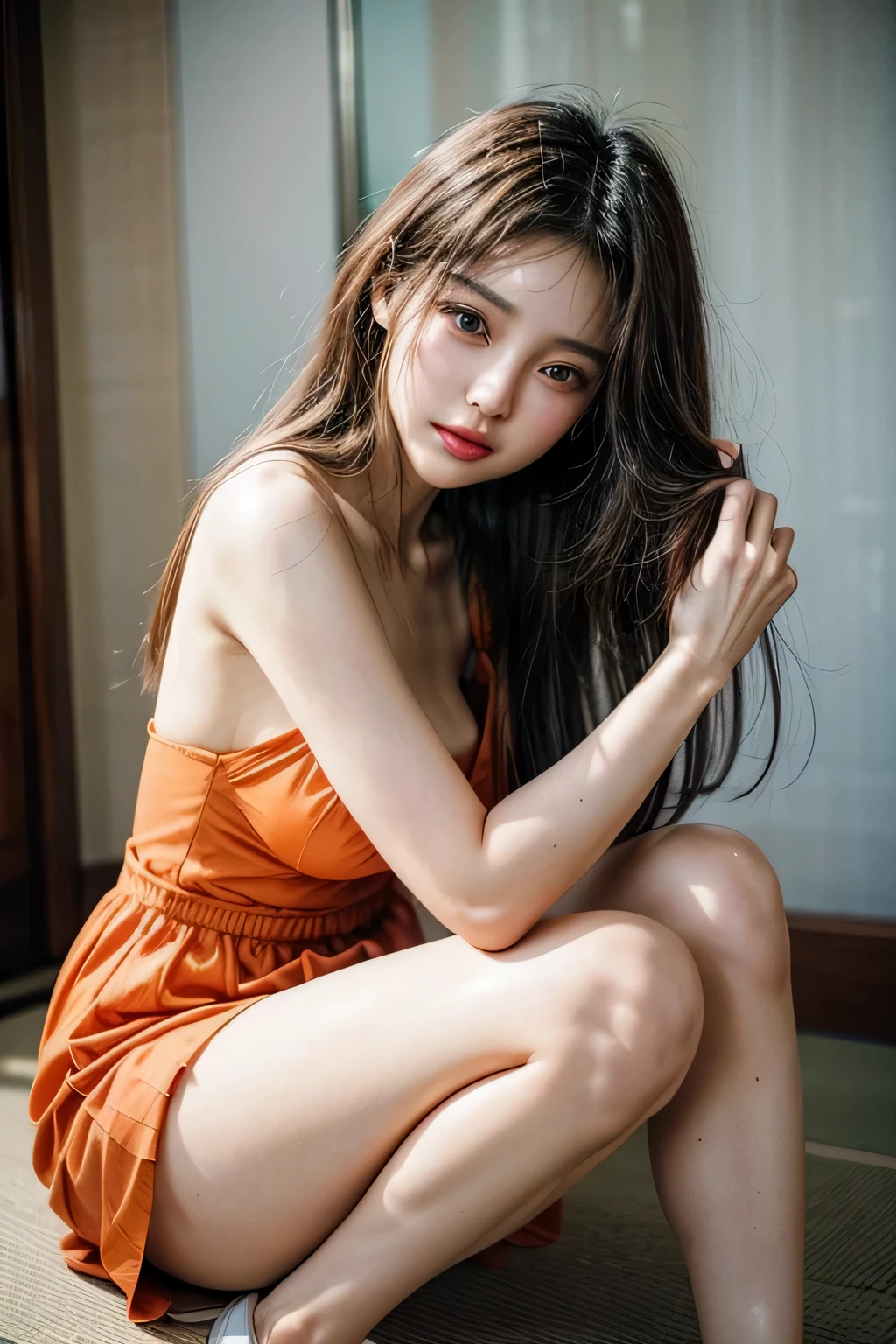 a close up of a woman in an orange dress posing for a picture, japanese model, beautiful asian girl, asian girl, japanese goddess, korean girl, asian woman, beautiful asian woman, beautiful south korean woman, korean woman, asian women, oppai, an asian woman, young asian girl, young sensual gravure idol, japanese woman, beautiful young korean woman
