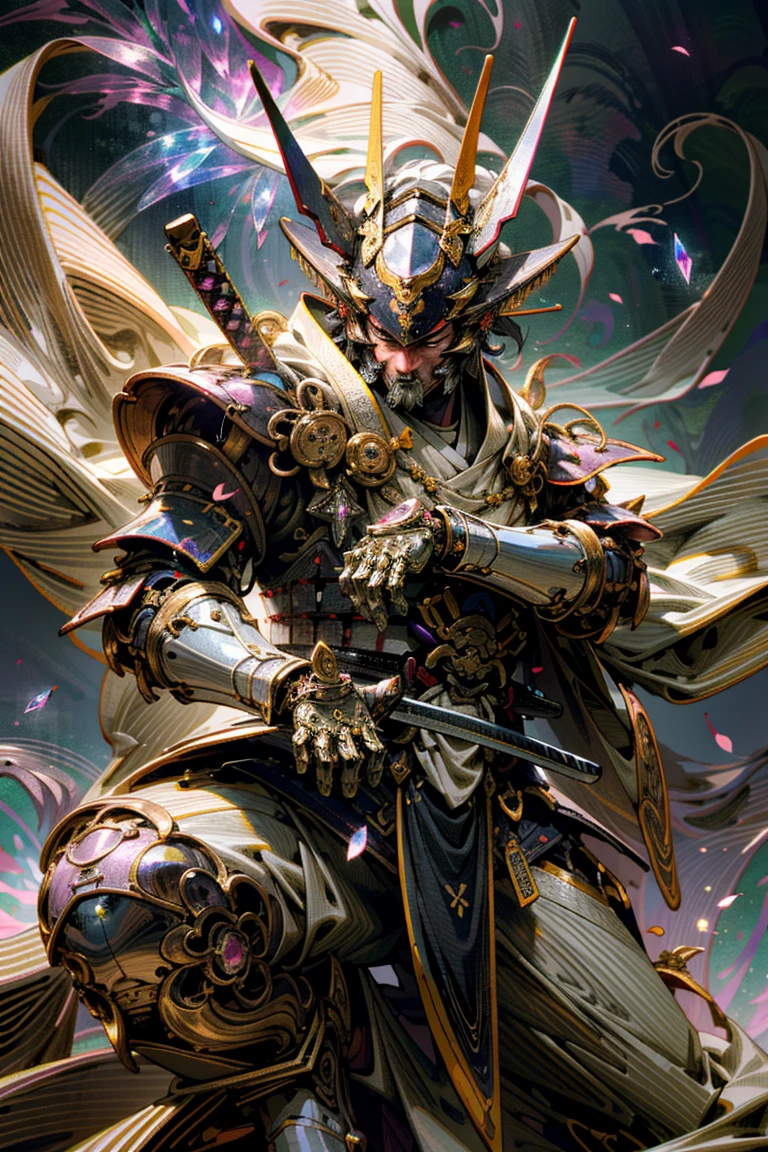 (best quality,4k,8k,highres,masterpiece:1.2),ultra-detailed,(realistic,photorealistic,photo-realistic:1.37), HDR,UHD,studio lighting,ultra-fine painting,sharp focus,physically-based rendering,extreme detail, onmyoji detailed art, 1man, 30 years old, cyborg Samurai, (dynamic pose:1.6), (show entire body),wide angle, Dynamic angle and composition,chinese three kingdoms, (from sengoku period), (he is wearing an ancient Samurai armor breastplate made of white marble:1.6), (cyber japan samurai armor), (fractal designs), clothed in old samurai uniform, (wearing kimono armor), (wearing a fish-shaped white acrylic helmet:1.37), highly detailed clothes, (his clothes have zentangle details adorned with beautiful gems:1.37), (He is wearing a leaf-shaped flowing cape made of  cloth:1.1), Transparent petal-like cloth hangs from the man's waist, pale purple hues, fantasy art, sci-fi, (concept art inspired by Kanō Hōgai), (Jean Giraud style), moebius, psychedelic,fantasy00d, (Incredibly beautiful nature background with crystals:1.6), ethereal lighting, vibrant colors, intricate details, (surreal landscape), otherworldly creatures, mesmerizing pattern,cyberhelmet, intricate helmet design, cosmic ambiance, dreamlike atmosphere, (mythical creatures), surrealistic composition, organic shapes, full body wuxia, from sengoku period