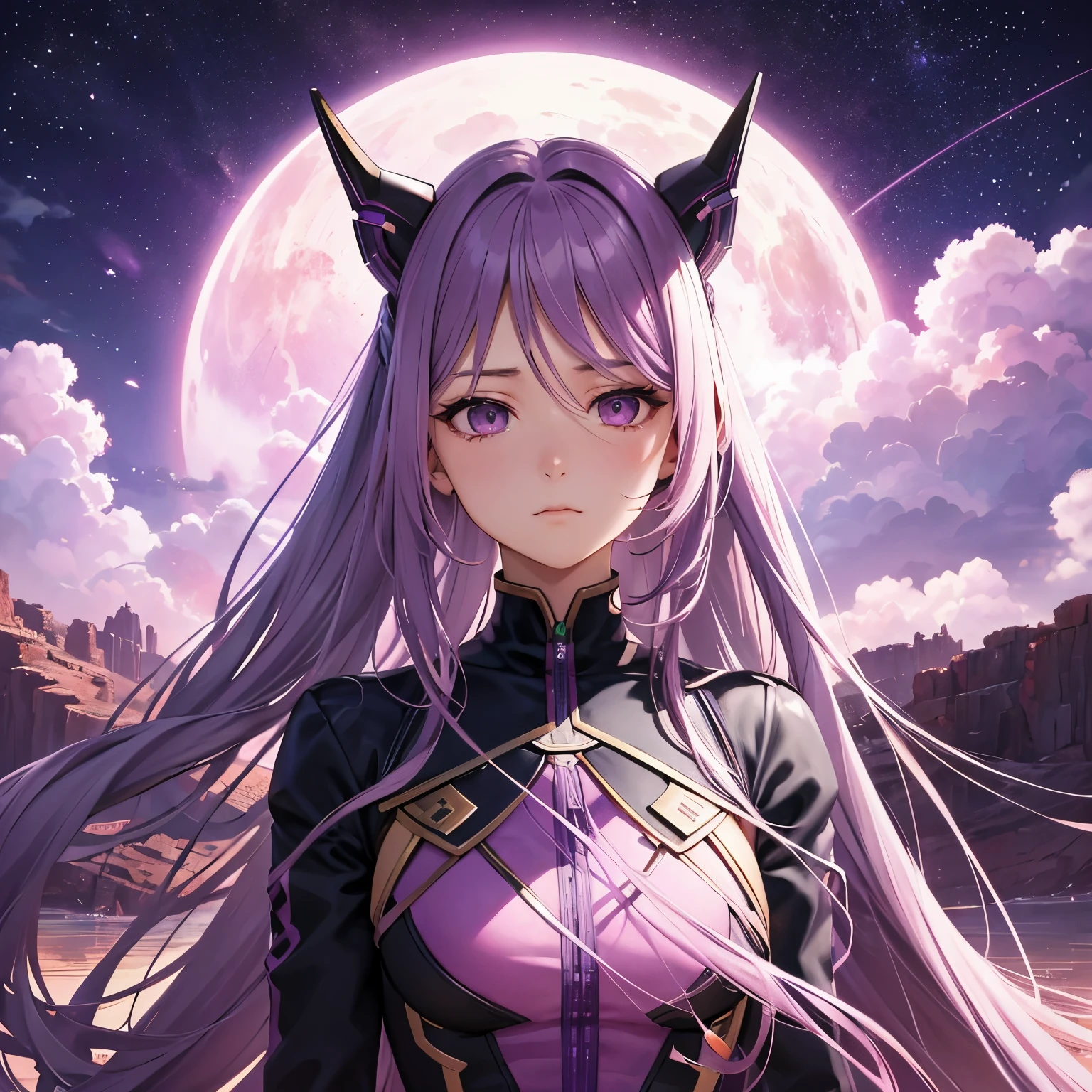 Purple futuristic sky, alien landscape, giant garden of various pink flowers, young woman, look to the heavens, sad expression, long braided flowing ponytails, ash hair color, Manga character, ReCreator, Altair, anime.