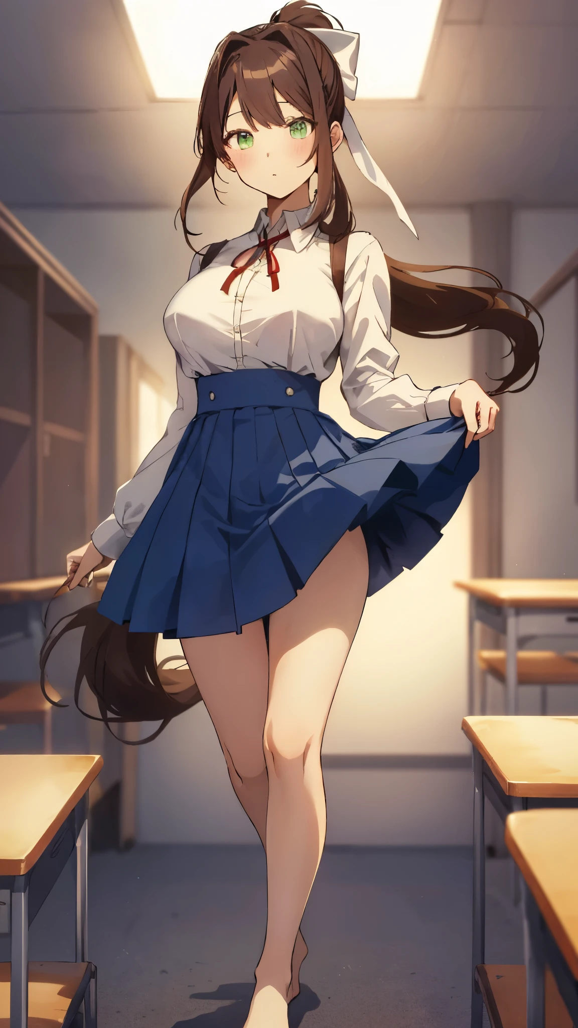 masterpiece, highest quality, anime, very detailed, 1 girl, alone, , Are standing, classroom, Monica, green eyes, brown hair, very long hair, ponytail, hair ribbon, white ribbon, 、very short dark blue skirt,、barefoot、facing the viewer directly、lightly dressed、big breasts that are firm、uniform、