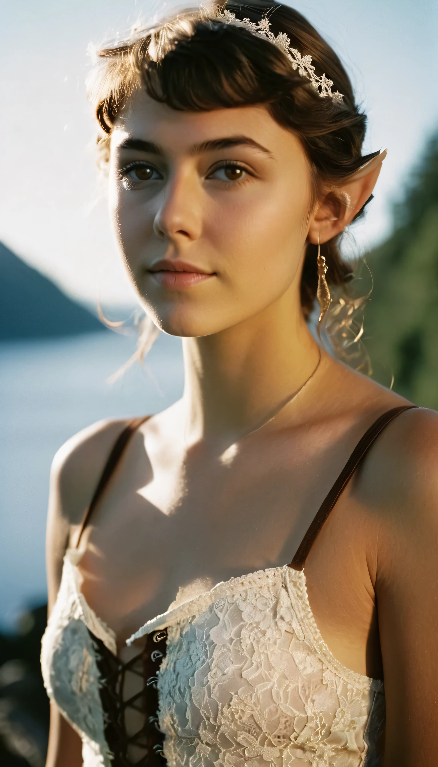 analog film photo, photo of a young woman, 18 years-old, (lace-up tank top:1.1), elf, elf ears, long pointy ear tips, brown eyes, light-brown sun-tanned skin, goosebumps, pretty, natural beauty, resembles a young Mary Elizabeth Winstead, chilly morning, Norwegian fjord, RAW Photograph, dslr, soft lighting, high quality, film grain, Fujifilm XT3, detailed skin with visible pores, insane details, masterpiece, 8k, 35mm photograph, dslr, kodachrome, faded film, desaturated, 35mm photo, grainy, vintage, Kodachrome, Lomography, stained, highly detailed, found footage, close-up shot, elven ears