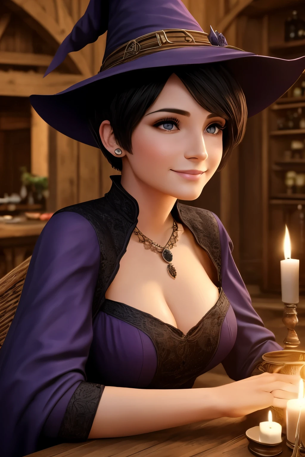 Beautiful Witch woman, with short black hair, Purple eyes, big bust, dressed witch clothes, sitting in a tavern smiling, Realistic, Full HD, Best Quality