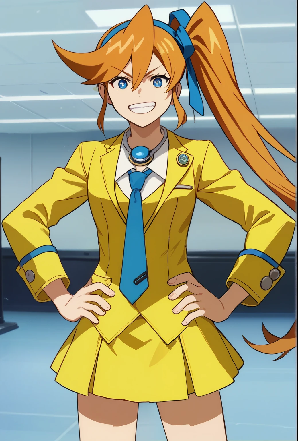 score_9, score_8, score_7, source_anime,
anime, official art,
rating_general,
aacykes, hair ribbon, side ponytail,
necktie, yellow jacket, yellow skirt,
1girl, solo, podium, hands on hips, grin, podium, judge, courtroom