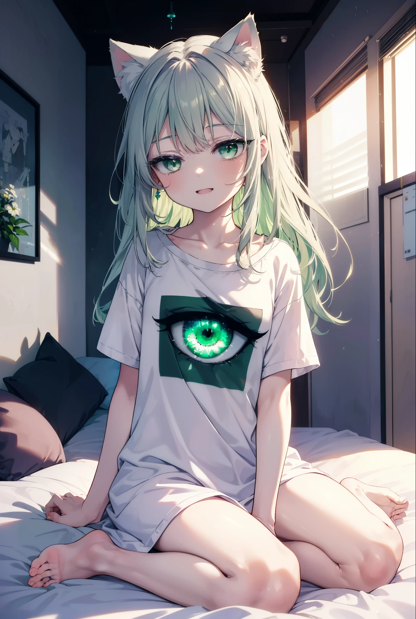 index, index, (green eyes:1.5), silver hair, long hair, (flat chest:1.2),Cat ear,cat tail,happy smile, smile, open your mouth,Open T-shirt, oversized tシャツ, oversized t-shirt,black string underwear, barefoot,barefoot,arm behind head, Sitting on the bed,morning,morning日,the sun is rising,
break looking at viewer, Upper body, whole body,
break indoors, Bedroom,
break (masterpiece:1.2), highest quality, High resolution, unity 8k wallpaper, (figure:0.8), (beautiful deしっぽed eyes:1.6), extremely deしっぽed face, perfect lighting, extremely deしっぽed CG, (perfect hands, perfect anatomy),