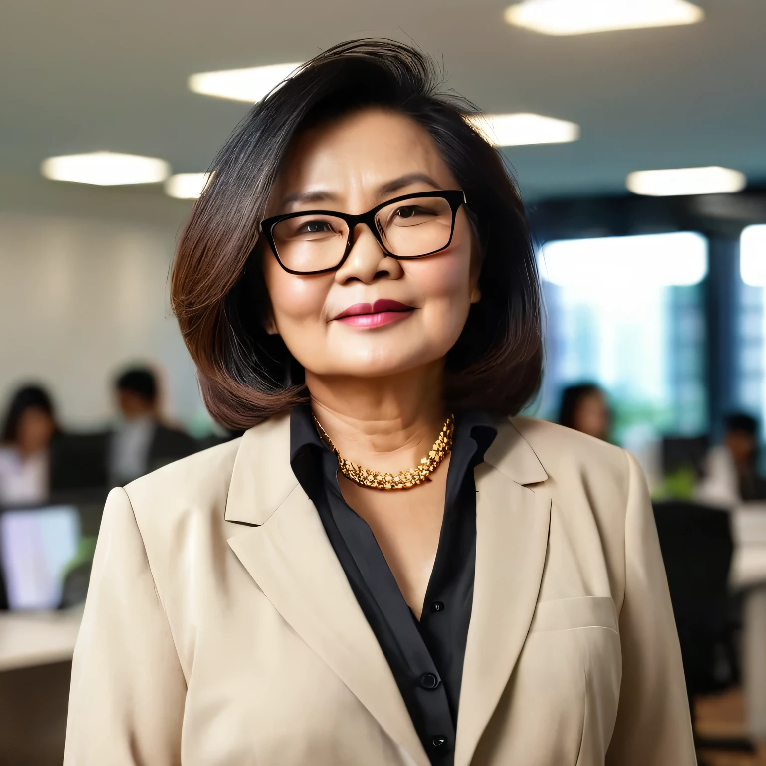 an endomorph 60 years chubby old indonesian lady with  long tousled bob hair, wearing a formal shirt, blazer, black pants, glasses, and an elegant necklace. She is standing looking at the camera in a busy office office space, with a medium close-up centered angle, shallow depth of field, warm lighting, softbox lighting from the front, creating a creative mood.