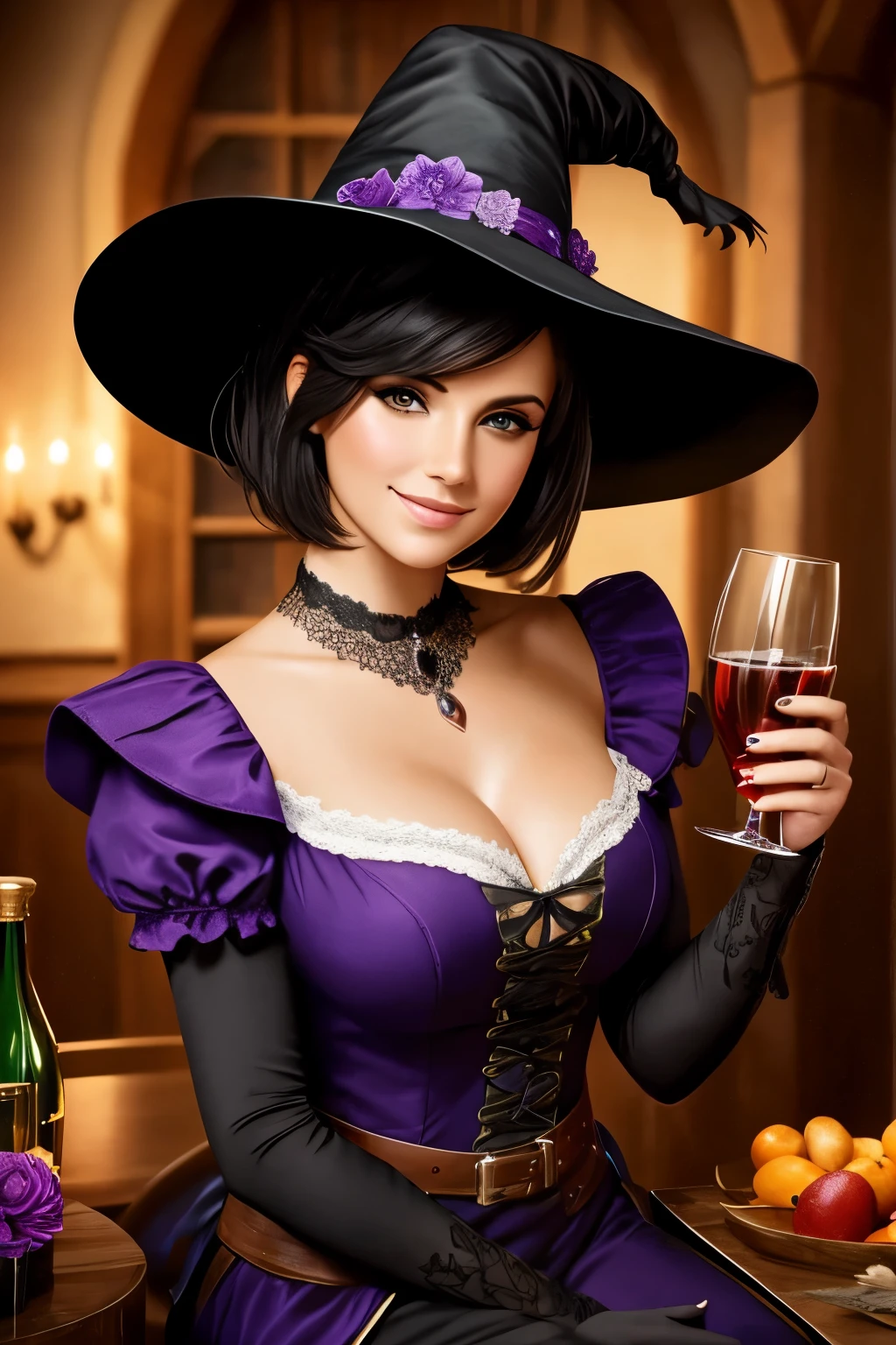 Beautiful Witch woman, with short black hair, Purple eyes, big bust, dressed witch clothes, sitting in a tavern smiling, Realistic, Full HD, Best Quality