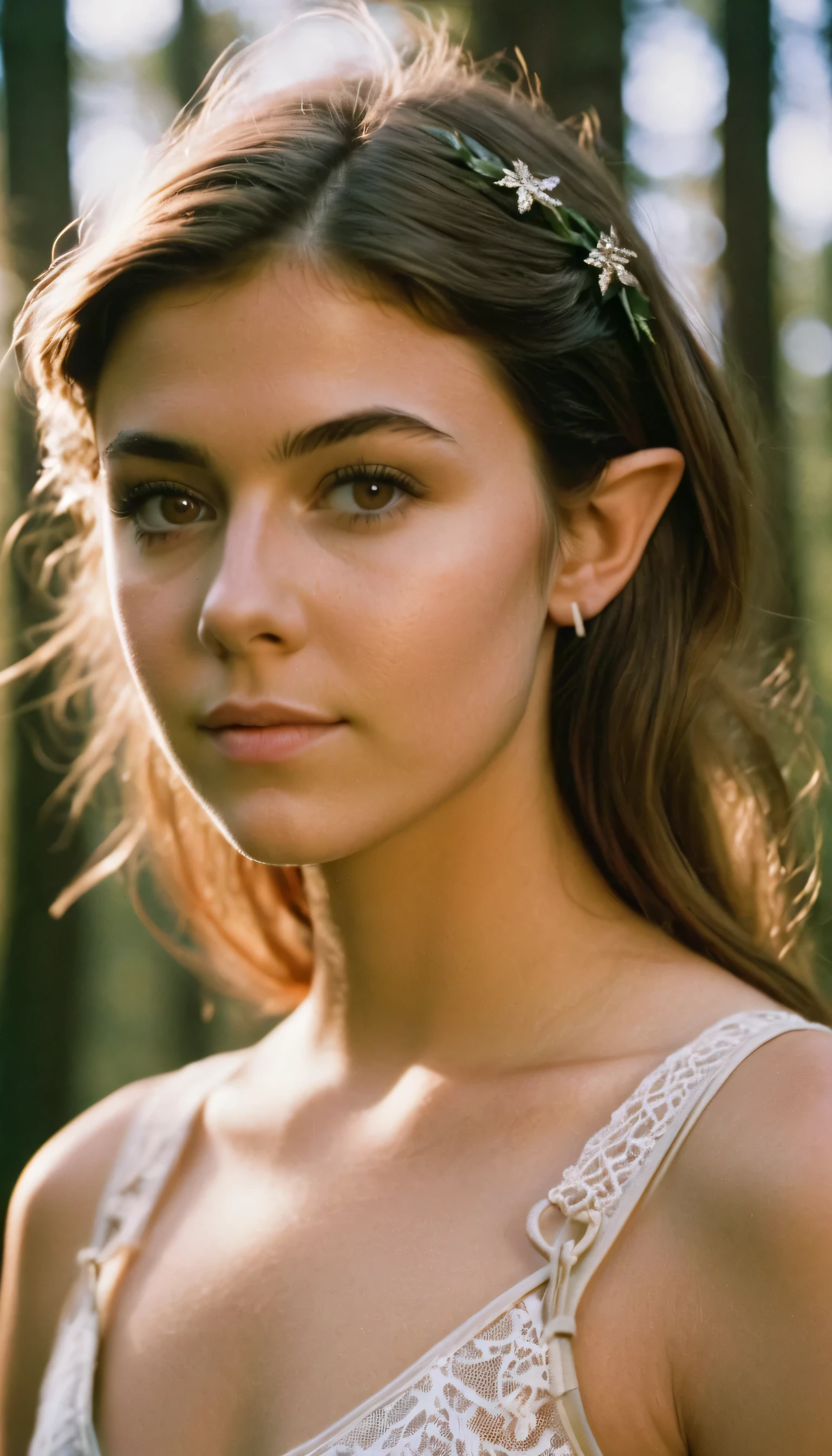 analog film photo, photo of a young girl, 18 years-old, (leaf-covered bra:1.1), elf, elf ears, long pointy ear tips, brown eyes, messy ponytail, light-brown sun-tanned skin, pretty, natural beauty, resembles a young Mary Elizabeth Winstead, humid day, elven forest, sweaty glistening off of skin, RAW Photograph, dslr, soft lighting, high quality, film grain, Fujifilm XT3, detailed skin with visible pores, insane details, masterpiece, 8k, 35mm photograph, dslr, kodachrome, faded film, desaturated, 35mm photo, grainy, vintage, Kodachrome, Lomography, stained, highly detailed, found footage, full-body, elven ears