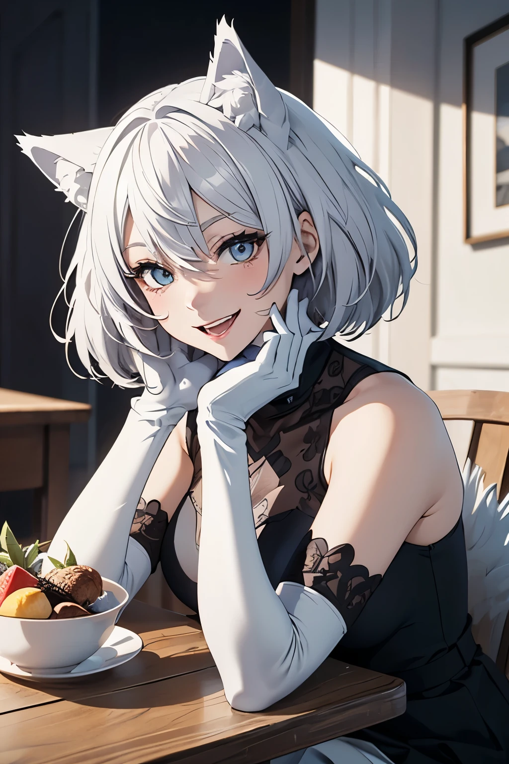 table top High level image quality best image quality 8K adult woman portrait white long gloves(elbow gloves) white pantyhose lace queen(sleeveless) Tight Skirt white wolf ears short hair((shortcut)(gray hair)(perm)(fluffy)) eye color is blue attractive face((laughter)(smile)(open your mouth)) Cross your legs Are standing circuit
