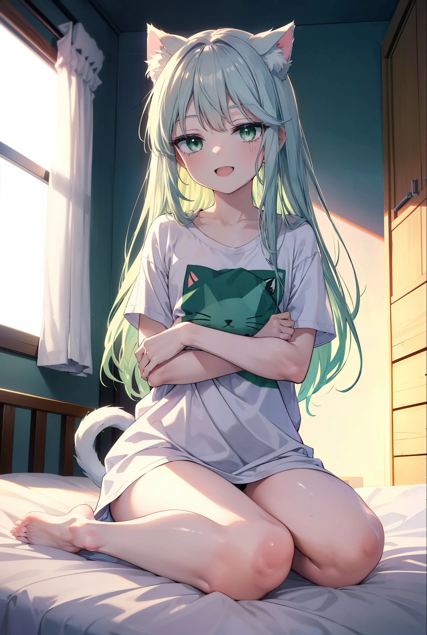 index, index, (green eyes:1.5), silver hair, long hair, (flat chest:1.2),Cat ear,cat tail,happy smile, smile, open your mouth,T-shirt with a bare cat print, oversized tシャツ, oversized t-shirt,black string underwear, barefoot,barefoot,arm behind head, Sitting on the bed,morning,morning日,the sun is rising,
break looking at viewer, Upper body, whole body,
break indoors, Bedroom,
break (masterpiece:1.2), highest quality, High resolution, unity 8k wallpaper, (figure:0.8), (beautiful deしっぽed eyes:1.6), extremely deしっぽed face, perfect lighting, extremely deしっぽed CG, (perfect hands, perfect anatomy),