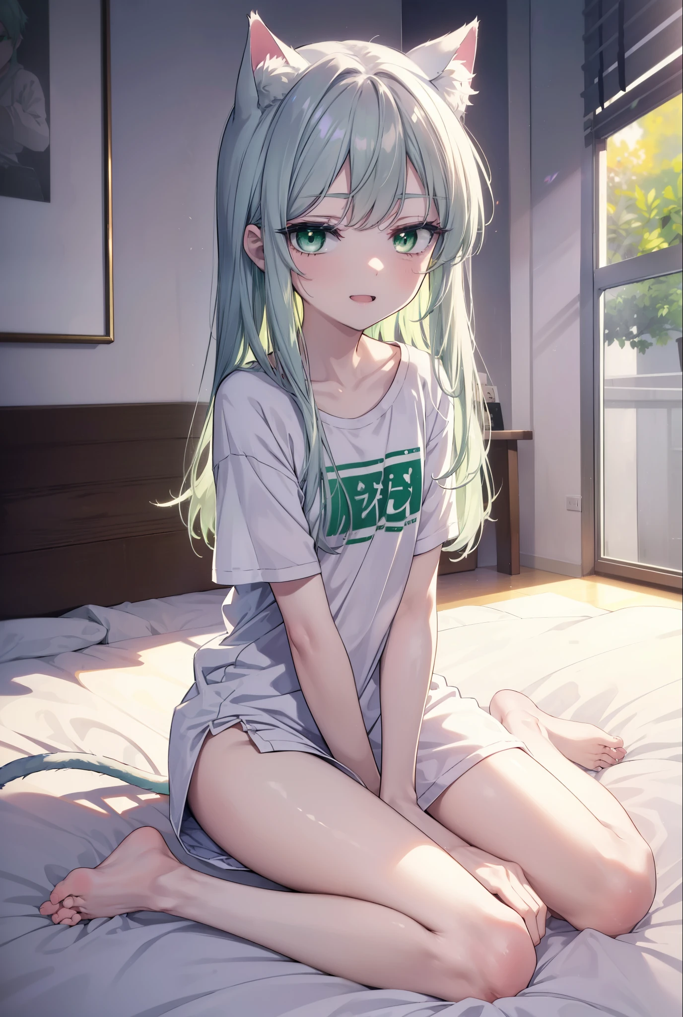 index, index, (green eyes:1.5), silver hair, long hair, (flat chest:1.2),Cat ear,cat tail,happy smile, smile, open your mouth,T-shirt with a bare cat print, oversized tシャツ, oversized t-shirt,black string underwear, barefoot,barefoot,arm behind head, Sitting on the bed,morning,morning日,the sun is rising,
break looking at viewer, Upper body, whole body,
break indoors, Bedroom,
break (masterpiece:1.2), highest quality, High resolution, unity 8k wallpaper, (figure:0.8), (beautiful deしっぽed eyes:1.6), extremely deしっぽed face, perfect lighting, extremely deしっぽed CG, (perfect hands, perfect anatomy),