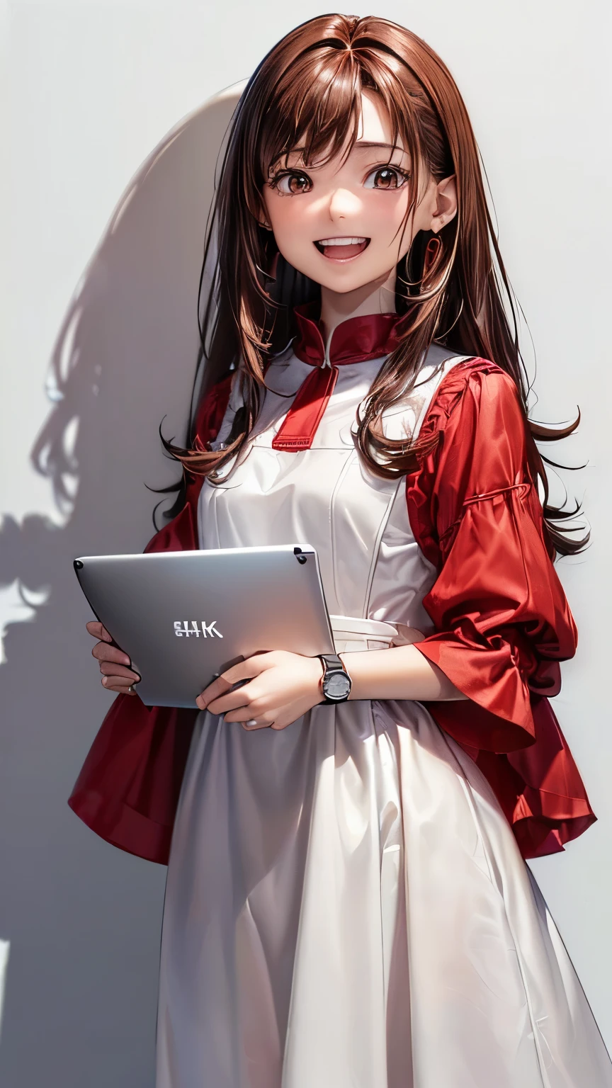 (((pure white wall background)))、(((8K、best image quality)))、(((I have a laptop)))、(((brown hair)))、(((long hair)))、(((wearing a red blouse)))、(((laughing)))、(((teeth visible)))、(((Are standing)))、(((I&#39;m wearing a small watch)))、(((I have a mobile phone)))、(((bust shot)))、(((looking at smartphone)))