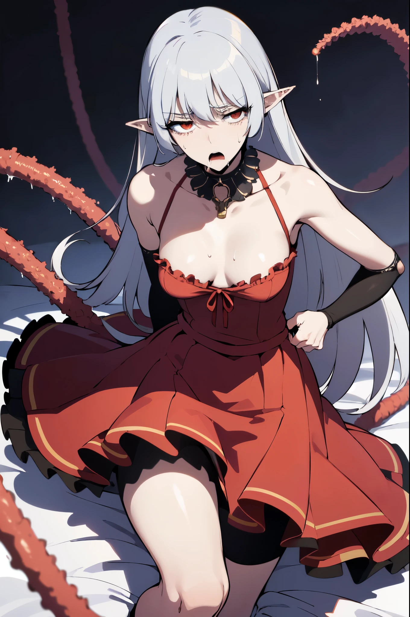 ((masterpiece, best quality, high res, 4k)) beautiful face, detailed face, ultra-detailed, (SxDol, wide hips, (no pupils), !?, doll_joints, joints) 1 girl, full body, solo, (red frilly magical girl dress, layered skirt, showgirl skirt), ((emotionless, expressionless, blank eyes)), massive breasts, bdsm, collar, sex toy, vibrator, forced orgasm, pussy juice, saliva, sweat, drooling, trembling, exhibitionism, female , tentacle, tentacles wrapping around body,alice vampire grey hair, long hair, red eyes, pointy ears, small breasts