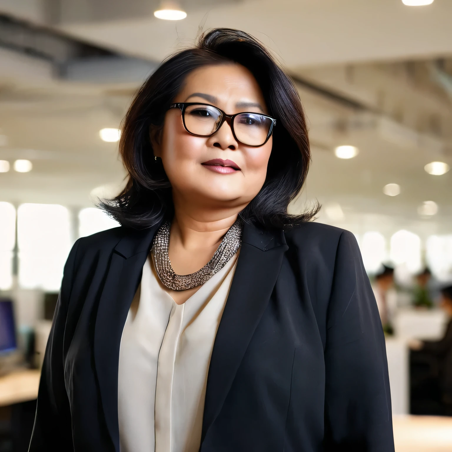an endomorph 55 years chubby old indonesian lady with long tousled bob hair, wearing a formal shirt, blazer, black pants, glasses, and an elegant necklace. She is standing looking at the camera in a busy office office space, with a medium close-up centered angle, shallow depth of field, warm lighting, softbox lighting from the front, creating a creative mood.