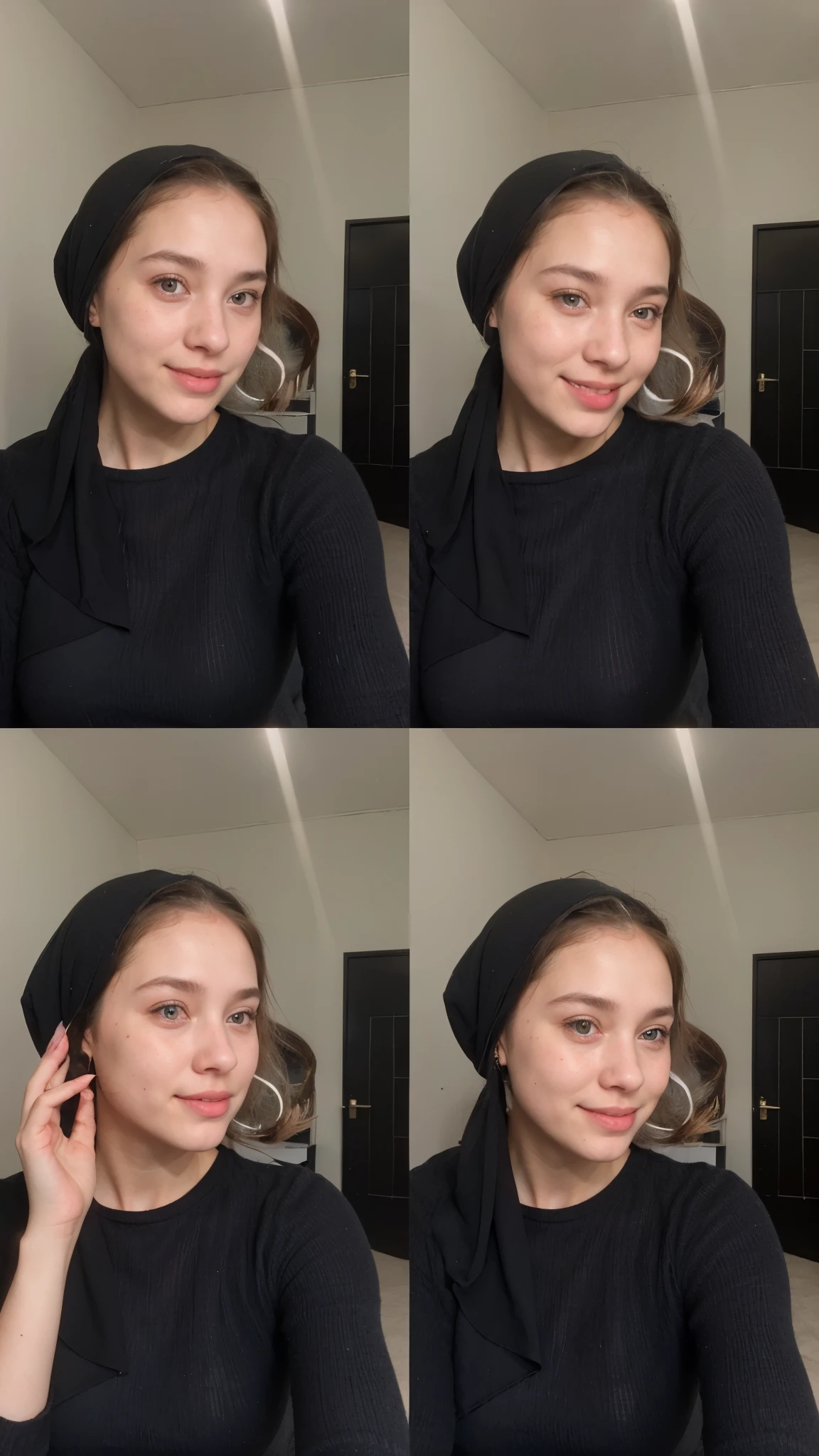 She's a , 15-year-old British girl with a cherubic face, delicate features, and twinkling eyes the color of a clear summer sky. Freckles dust her soft, round cheeks, adding to her innocent and charming appearance. Her golden-brown hair falls in wisps around her face, framing her elfin, upturned nose. When she smiles, her whole face lights up with infectious joy, revealing a row of perfectly aligned, pearly-white teeth. Wear hijab, ((black hijab))