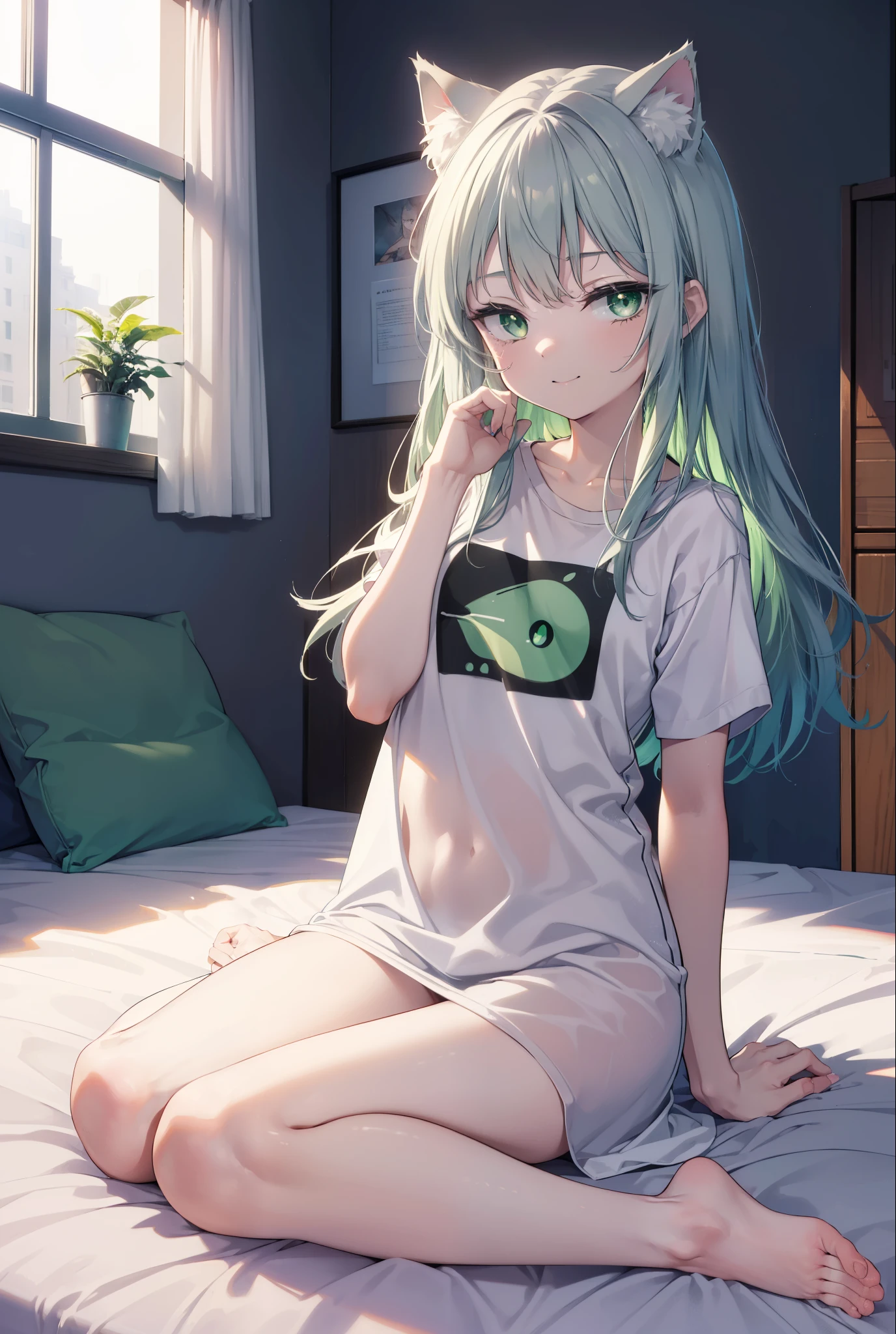 index, index, (green eyes:1.5), silver hair, long hair, (flat chest:1.2),animal ears　Cat ear,animal tail　cat tail,happy smile, smile, open your mouth,T-shirt with a bare cat print, oversized tシャツ, oversized t-shirt,black string underwear, barefoot,barefoot,arm behind head, Sitting on the bed,morning,morning日,the sun is rising,
break looking at viewer, Upper body, whole body,
break indoors, Bedroom,
break (masterpiece:1.2), highest quality, High resolution, unity 8k wallpaper, (figure:0.8), (beautiful deしっぽed eyes:1.6), extremely deしっぽed face, perfect lighting, extremely deしっぽed CG, (perfect hands, perfect anatomy),