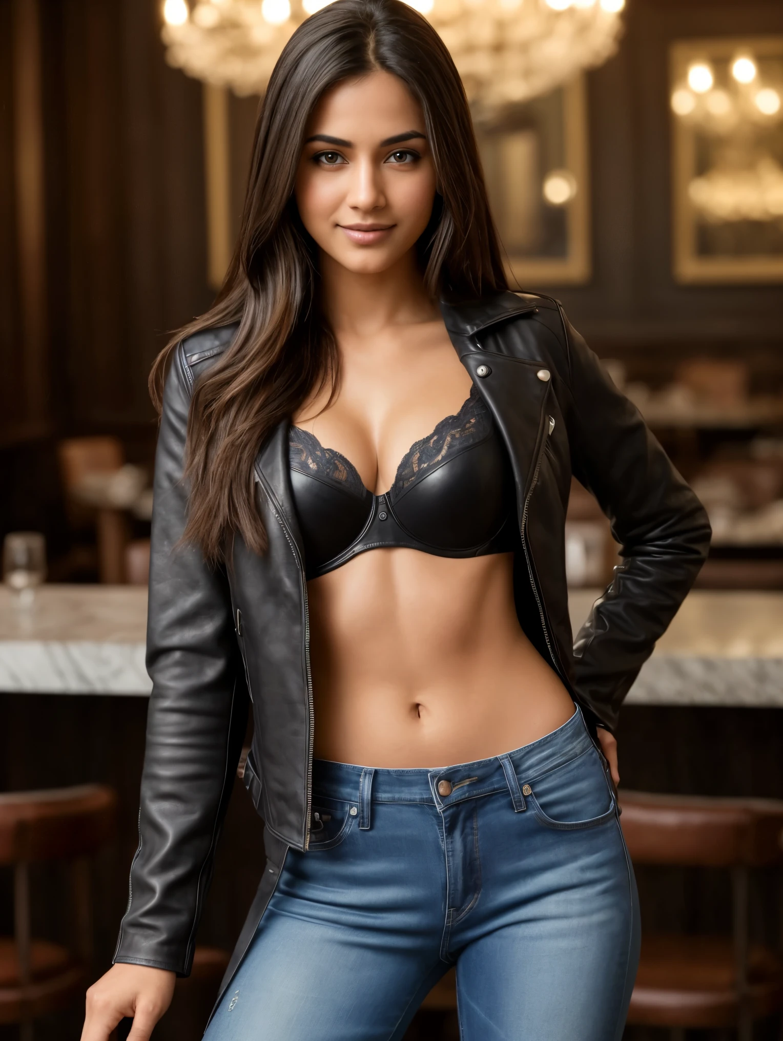 Full body, Beauty standing in a restaurant, outdoors, posing for a picture, 1 girl, a 27-year-old Indian woman, absolute beauty, long hair, ((wearing a leather jacket, Highly detailed leather bra and jeans)), enjoying, sexy  posing styles, looking at the viewer, ultra-realistic, hyper-realistic, ultra-detailed, hyper-detailed, 35mm F/28, hyper-detailed full body shot of a woman, nice face, good smile, sexy body, aesthetic body, hot navel, rich colors, face focused, 8K, HD Crisp Upscale, realistic lying， RAW photography， best quality： 1.4, No dark background , Beautiful details eye, cleavage , thick thighs, nice hips, long hair, High-detailed, perfectly located eyes, perfect eyes, photographed on a Canon EOS R5, 50mm lens, F/2.8, HDR, (cinematic lighting), (dramatic lighting), (sharp focus), (intricate), fashion, realistic skin texture, (( perfect anatomy)), ((detailed face:1.2)), ((detailed facial features)), (finely detailed skin), masterpiece), (perfect proportion), (realistic photo), (best quality: 1.6), (detailed),