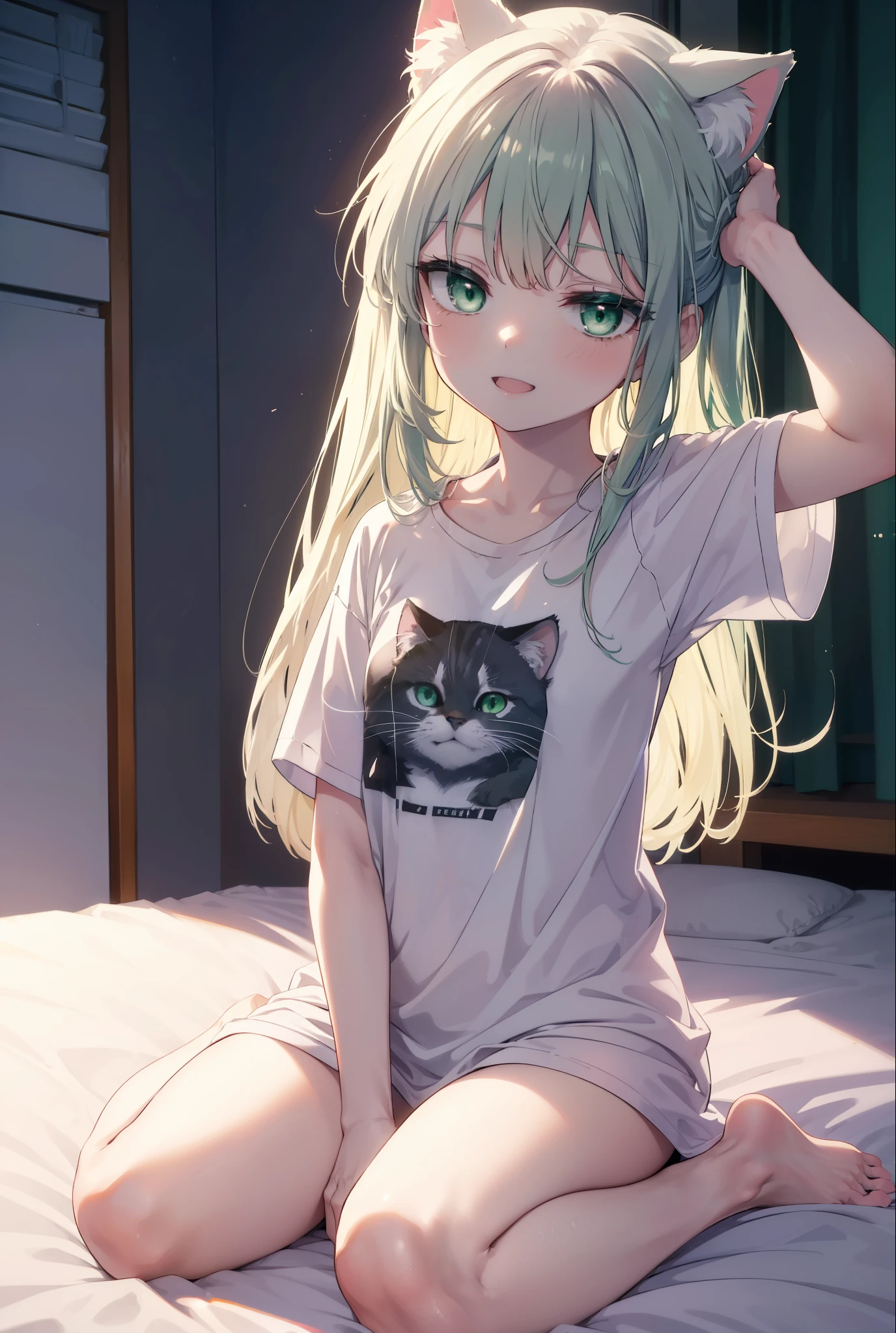 index, index, (green eyes:1.5), silver hair, long hair, (flat chest:1.2),Cat ear,cat tail,happy smile, smile, open your mouth,T-shirt with a bare cat print, oversized tシャツ, oversized t-shirt,black string underwear, barefoot,barefoot,arm behind head, Sitting on the bed,morning,morning日,the sun is rising,
break looking at viewer, Upper body, whole body,
break indoors, Bedroom,
break (masterpiece:1.2), highest quality, High resolution, unity 8k wallpaper, (figure:0.8), (beautiful deしっぽed eyes:1.6), extremely deしっぽed face, perfect lighting, extremely deしっぽed CG, (perfect hands, perfect anatomy),