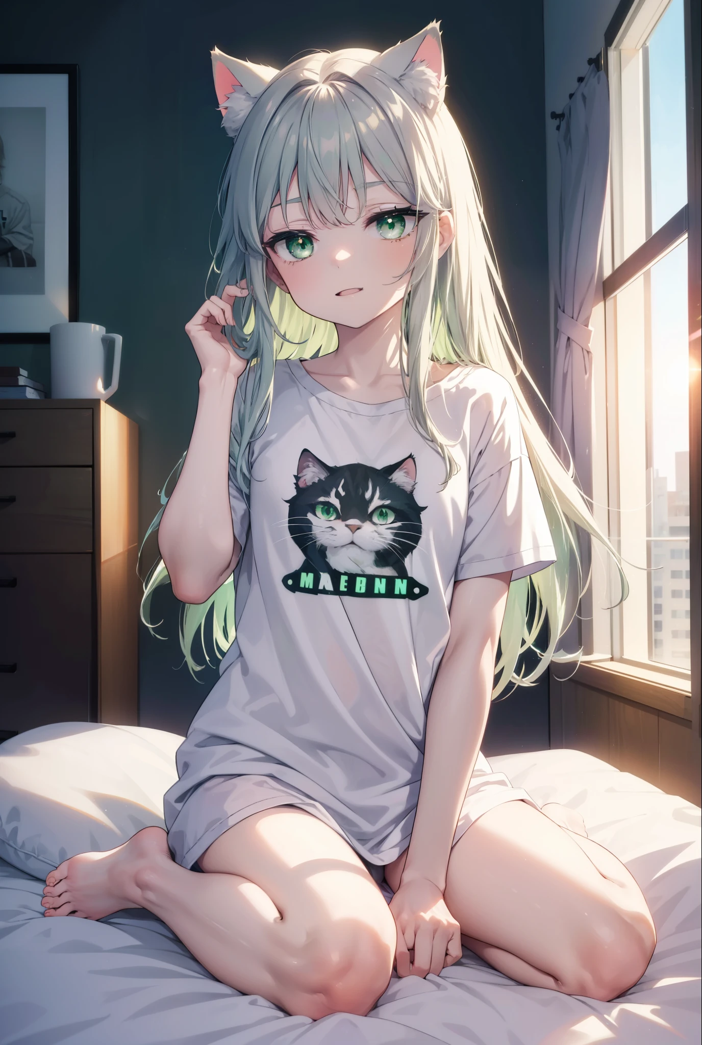 index, index, (green eyes:1.5), silver hair, long hair, (flat chest:1.2),Cat ear,cat tail,happy smile, smile, open your mouth,T-shirt with a bare cat print, oversized tシャツ, oversized t-shirt,black string underwear, barefoot,barefoot,arm behind head, Sitting on the bed,morning,morning日,the sun is rising,
break looking at viewer, Upper body, whole body,
break indoors, Bedroom,
break (masterpiece:1.2), highest quality, High resolution, unity 8k wallpaper, (figure:0.8), (beautiful deしっぽed eyes:1.6), extremely deしっぽed face, perfect lighting, extremely deしっぽed CG, (perfect hands, perfect anatomy),