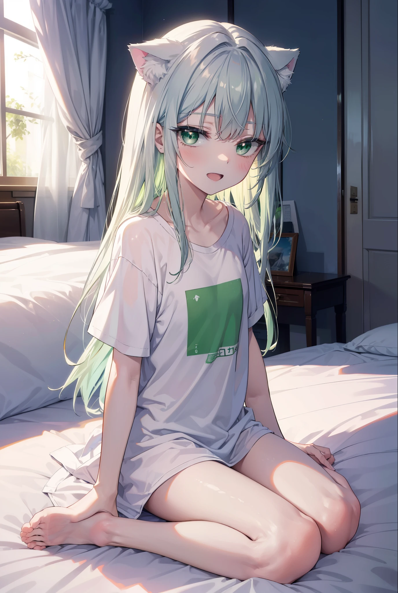 index, index, (green eyes:1.5), silver hair, long hair, (flat chest:1.2),Cat ear,cat tail,happy smile, smile, open your mouth,T-shirt with a bare cat print, oversized tシャツ, oversized t-shirt,black string underwear, barefoot,barefoot,arm behind head, Sitting on the bed,morning,morning日,the sun is rising,
break looking at viewer, Upper body, whole body,
break indoors, Bedroom,
break (masterpiece:1.2), highest quality, High resolution, unity 8k wallpaper, (figure:0.8), (beautiful deしっぽed eyes:1.6), extremely deしっぽed face, perfect lighting, extremely deしっぽed CG, (perfect hands, perfect anatomy),