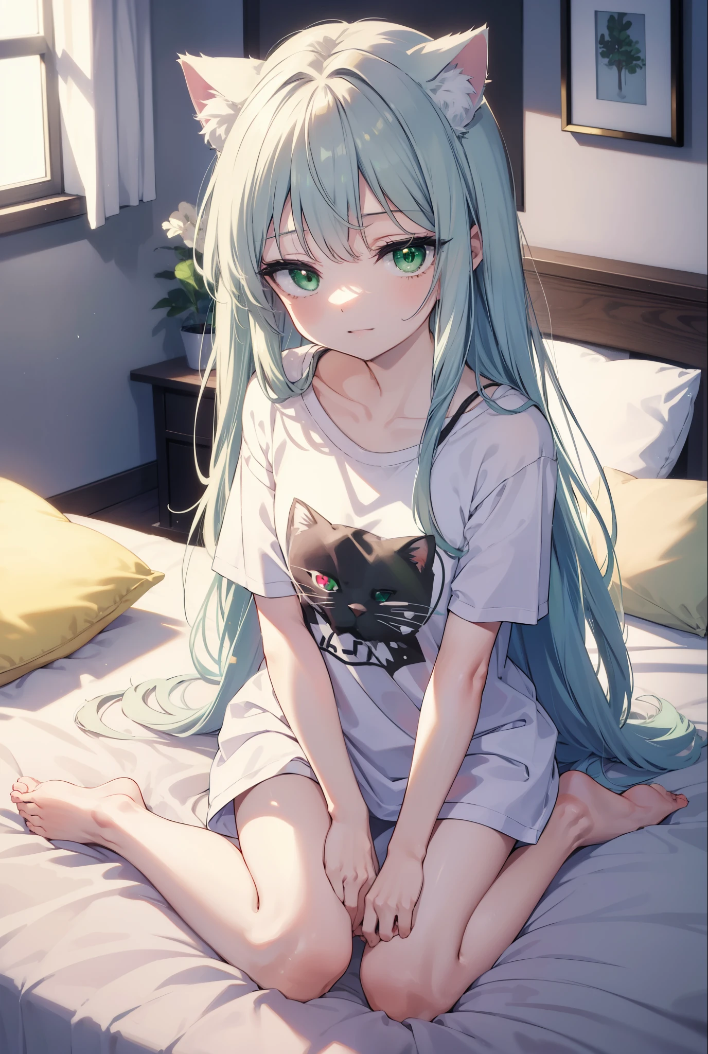 index, index, (green eyes:1.5), silver hair, long hair, (flat chest:1.2),Cat ear,cat tail,happy smile, smile, open your mouth,T-shirt with a bare cat print, oversized tシャツ, oversized t-shirt,black string underwear, barefoot,barefoot,arm behind head, Sitting on the bed,morning,morning日,the sun is rising,
break looking at viewer, Upper body, whole body,
break indoors, Bedroom,
break (masterpiece:1.2), highest quality, High resolution, unity 8k wallpaper, (figure:0.8), (beautiful deしっぽed eyes:1.6), extremely deしっぽed face, perfect lighting, extremely deしっぽed CG, (perfect hands, perfect anatomy),