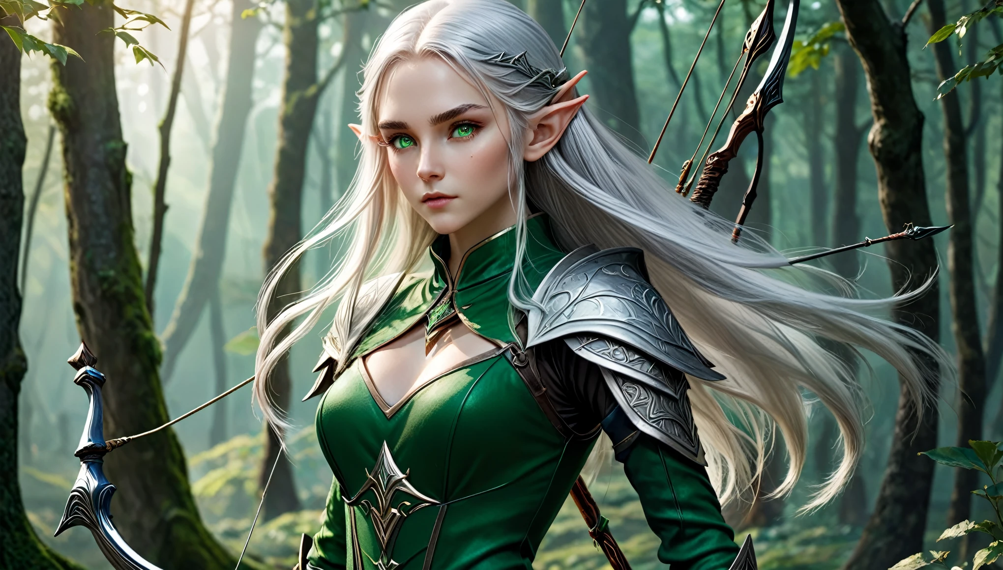 (master piece), 8k, best quality, panoramic view, full body, Elf, young, , with slightly flushed white skin, subtly contrasting with her long, silver hair. Her body was slim and athletic, with a height of 168cm. Her green eyes, detailed warrior outfit, holds a war bow with rune writing,