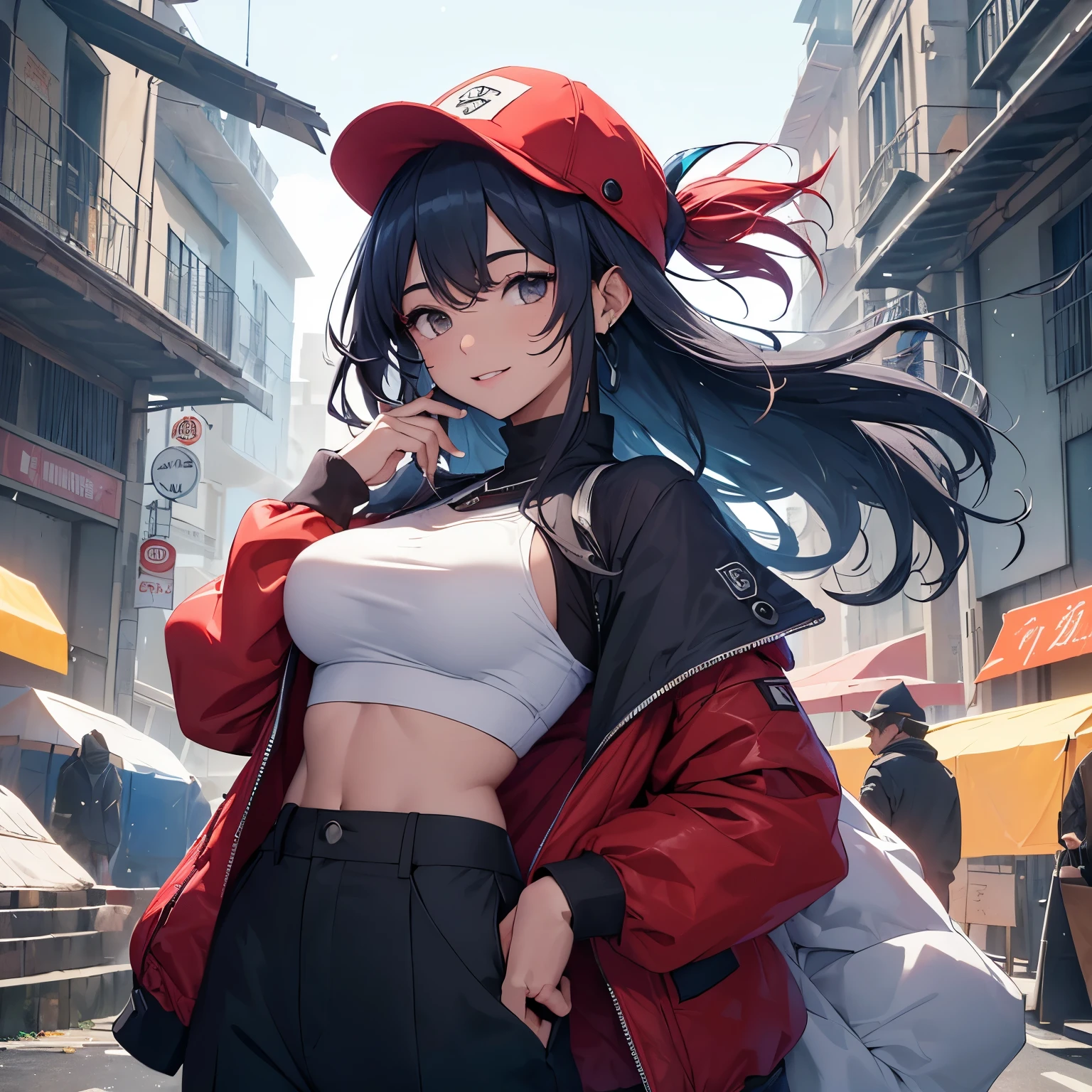 最high quality、Melhor qualidade de imagem、obra de arte、adolescente((18 anos、 Tornando-se、vest bust、medium bust,wide open breast tea、cabelo loiro、cabelo longo、afinar,vale mais alto、Luvas perfuradas、black elastic work clothes、red work pants、ter ferramentas de trabalho、todo o corpo fica sujo、No trabalho、Sorriso fofo、suando、enrole a jaqueta na cintura、blue hat、random movement)),alta qualidade、Linda arte、fundo((Jato de combate、hangar)),detritos voam、Profundidade do limite escrito、filme、arte visual、arte perfeita、8k,genuine