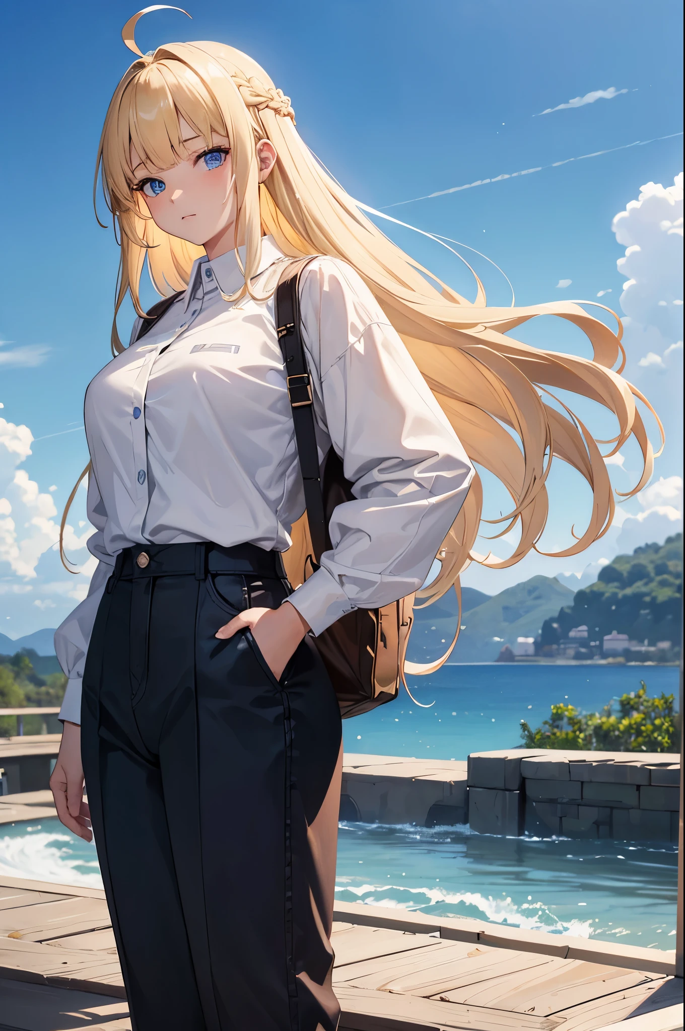 16 year old woman, blonde hair, blunt bangs, french braid, huge ahoge, long hair, eye reflection, simple pants, white shirt, backwater village scenery, blue eyes, wide shot, UHD, masterpiece, 8k, super detail, best quality, highres, high details, high quality