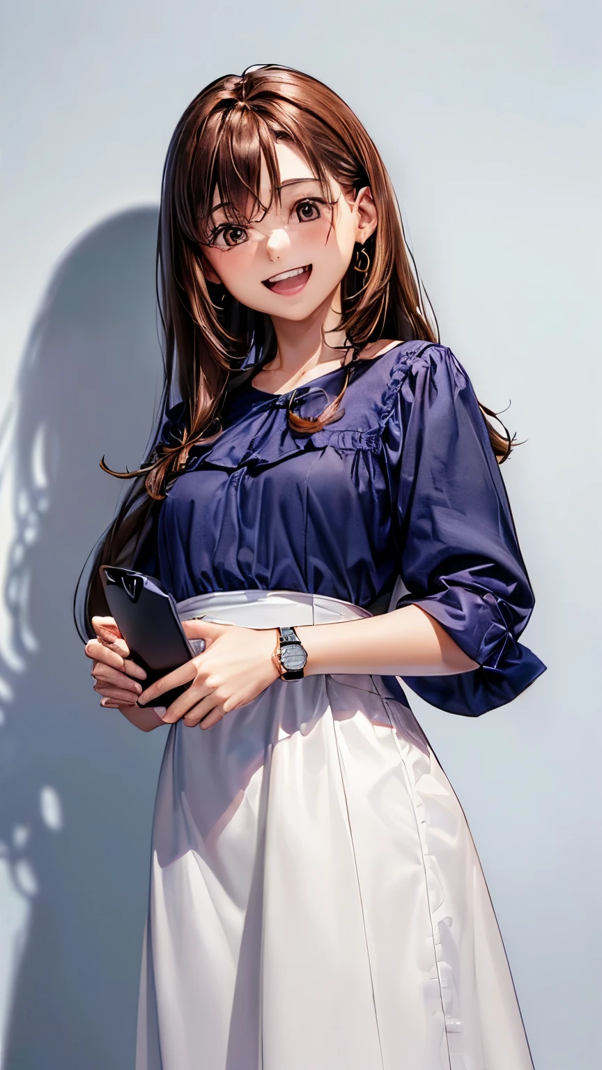 (((pure white wall background)))、(((8K、best image quality)))、(((I have a laptop)))、(((brown hair)))、(((long hair)))、(((wearing a navy blue blouse)))、(((laughing)))、(((teeth visible)))、(((Are standing)))、(((I'm wearing a small watch)))、(((I have a mobile phone)))、(((bust shot)))、(((looking at smartphone)))