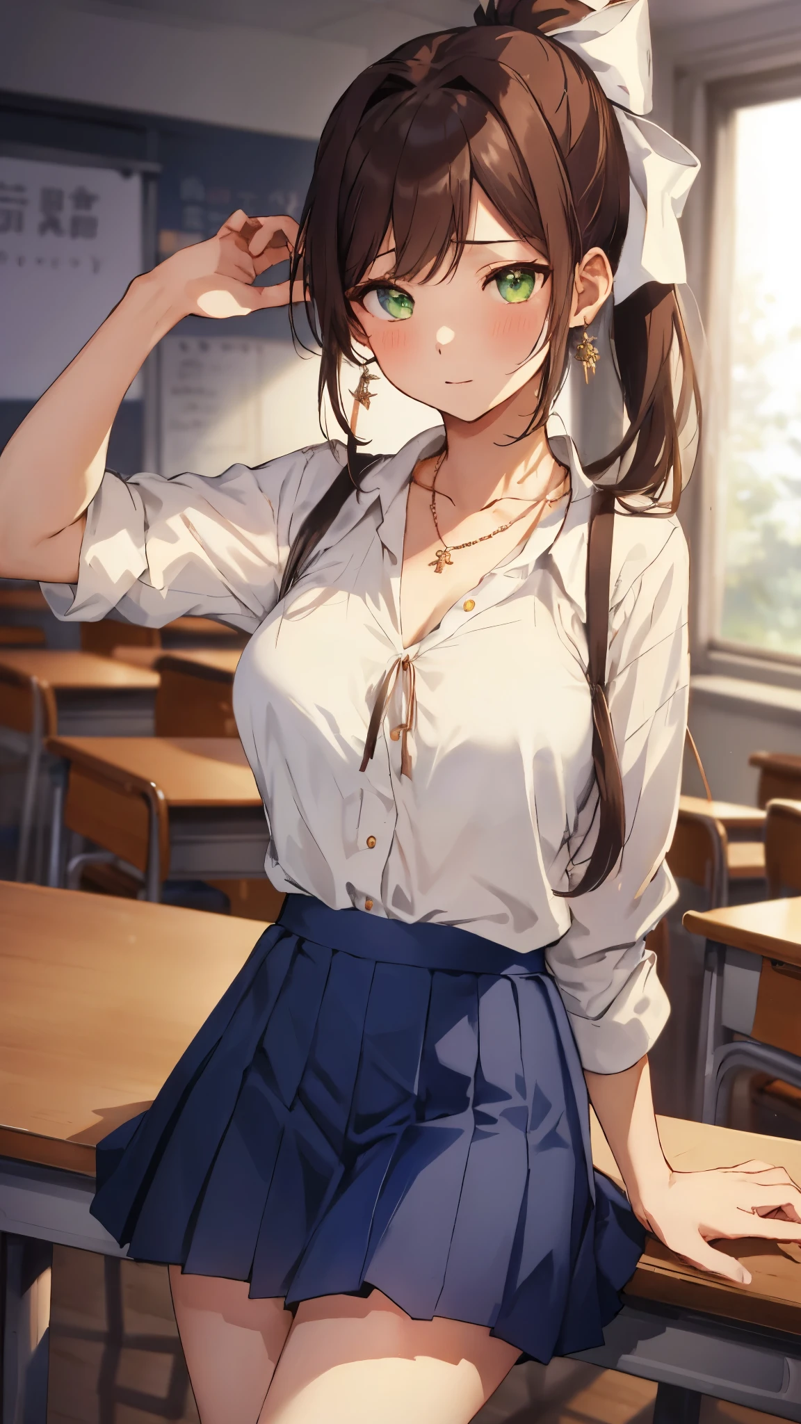 masterpiece, highest quality, anime, very detailed, 1 girl, alone, , Are standing, classroom, Monica, green eyes, brown hair, very long hair, ponytail, hair ribbon, white ribbon, 、((very short dark blue skirt,))、barefoot、facing the viewer directly、lightly dressed、big breasts that are firm、uniform、very large and empty chest、lewd、necklace、earrings、Pull it up、