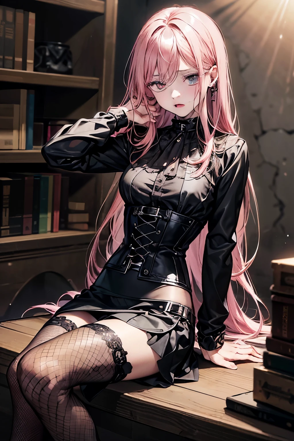 (8K, top-quality, masterpiece:1,2), (reallistic, Photorealsitic:1.37), Super Detail, One girl,), (Highly detailed), (beautifully detailed eyes), (of the highest quality), (super detailed ), (masterpiece), (Detailed face),20yr old, ,1 girl, ((pink hair,Very long hair)), medium breasts, clothed, Perfect Lighting,  (black leather jacket:1.2), dark color, slim silhouette, functional and hard details, (see-through blouse:1.2), (black corset:1.2), (black leather skirt:1.2), mini length, body-hugging, slit and chain details, tight silhouette, chain and spike accents, lace and frill decorations, (black fishnet stockings:1.2), (black high heel boots:1.2), slender design, (black leather choker:1.2), studs and chain accessories BREAK bangs on left side, tucked behind right ear, messy, (fearful and regretful expression:1.2), teary eyes, half-open mouth, chin down, neck tilted, hands tied behind back, chest out, waist in, legs closed, right leg slightly visible from skirt slit, body arched back, (dark warehouse:1.2), metal shelves and boxes behind, chains and tools on shelves, dirty concrete floor, (spotlight:1.2) above, white and bright, strong contrast of light and shadow on skin and clothes, background dark and blurry