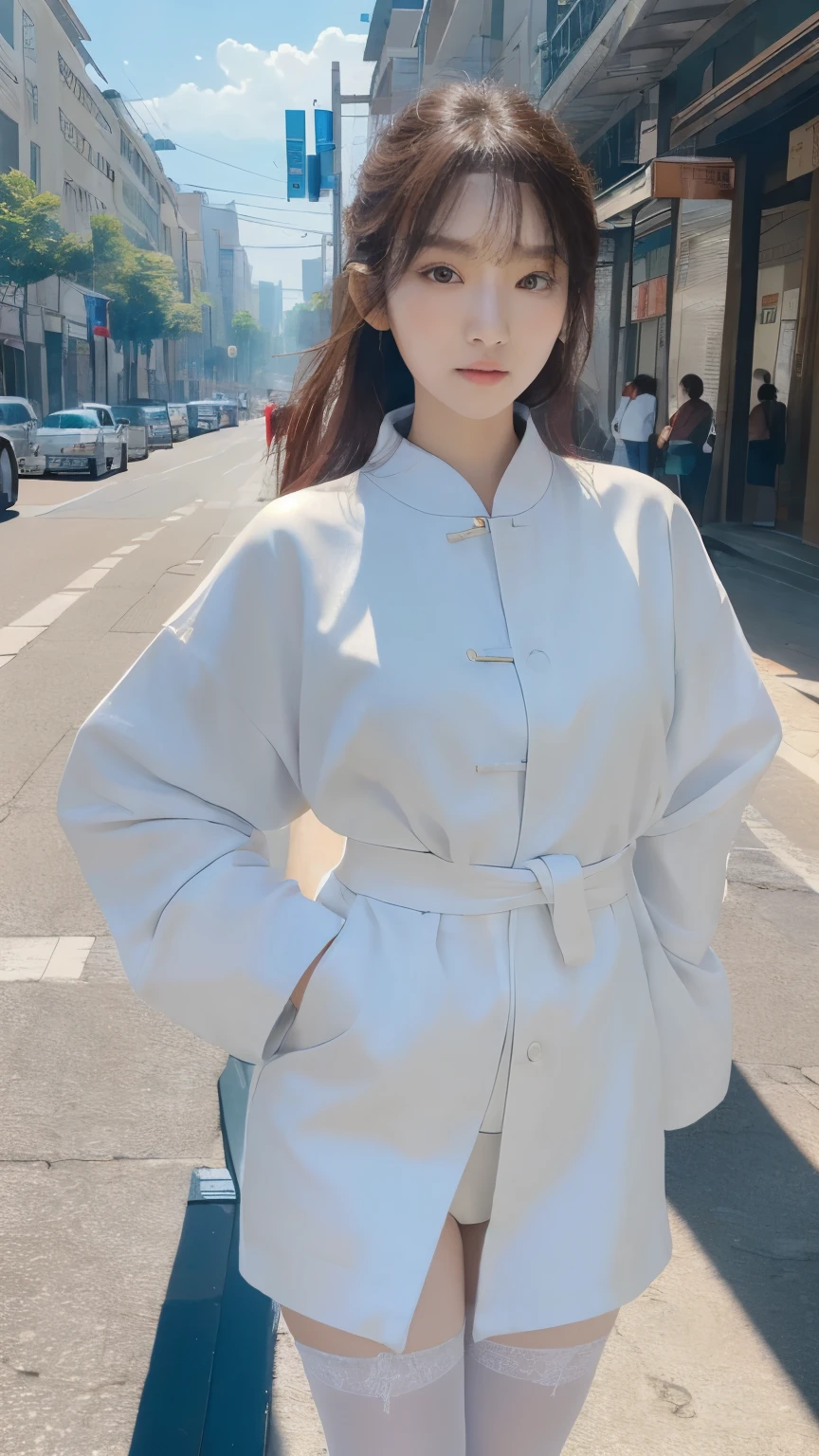 ((high quality, masterpiece:1.4)), 1 woman, ((elegant, majestic, beautiful, korean, upper body, street clothes:1.4, pretty face, At noon, street background:1.2)), absurd, high details, convoluted, convoluted details, sharp focus, screen space reflection, RTX, edge lighting, rim light, rim lighting, best lighting, 8 thousand, HD, full hd, Ultra HD, super resolution, megapixel, Refreshing, lumen reflection, Thai, noise cancellation, shader, After treatment, Post-production, insanely detailed and convoluted, maximalist, surreal, very detailed, stockings, 