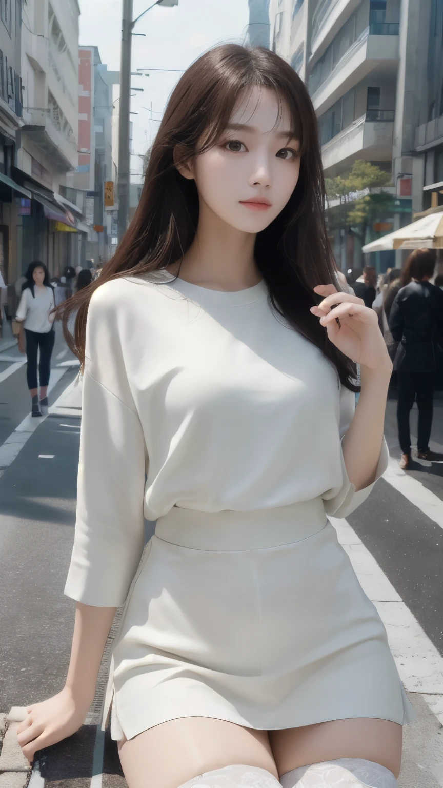 ((high quality, masterpiece:1.4)), 1 woman, ((elegant, majestic, beautiful, korean, upper body, street clothes:1.4, pretty face, At noon, street background:1.2)), absurd, high details, convoluted, convoluted details, sharp focus, screen space reflection, RTX, edge lighting, rim light, rim lighting, best lighting, 8 thousand, HD, full hd, Ultra HD, super resolution, megapixel, Refreshing, lumen reflection, Thai, noise cancellation, shader, After treatment, Post-production, insanely detailed and convoluted, maximalist, surreal, very detailed, stockings,