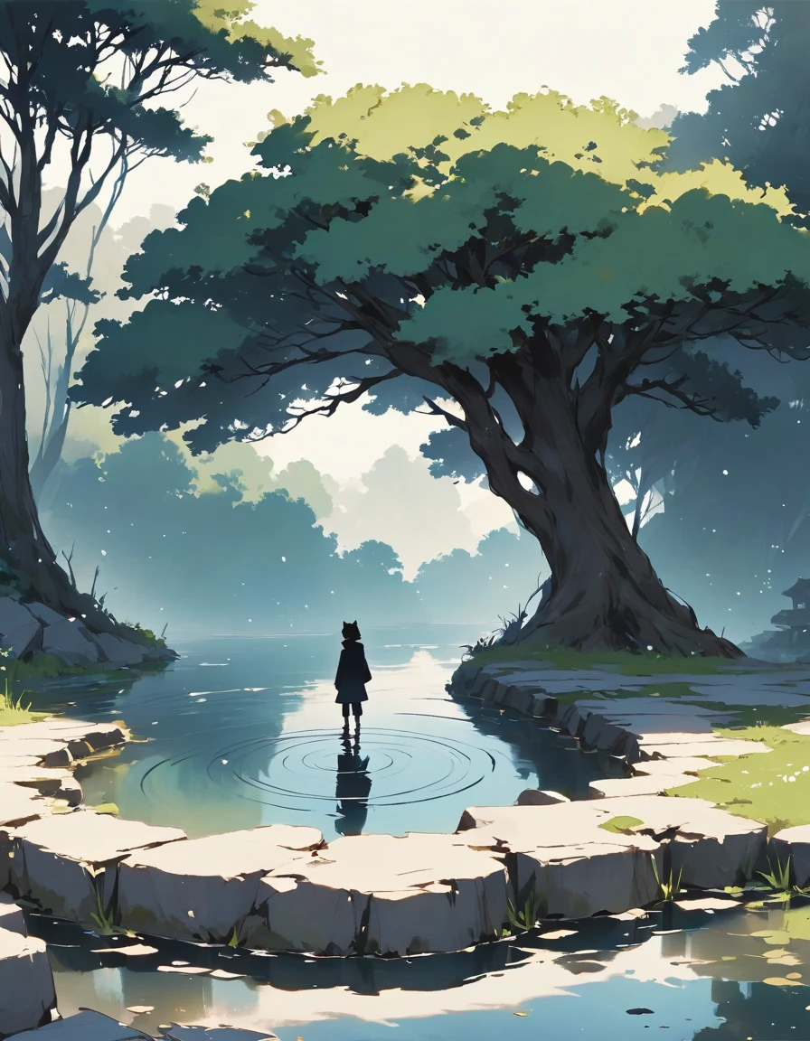 "((peaceful)) Scenes, stray cat跪着沉思, ((ripples in the pond)), ((Marshmallow Cloud)), ((Silhouette of a gnarled tree)), Professional photography, ((rule of thirds)), High resolution, best quality
