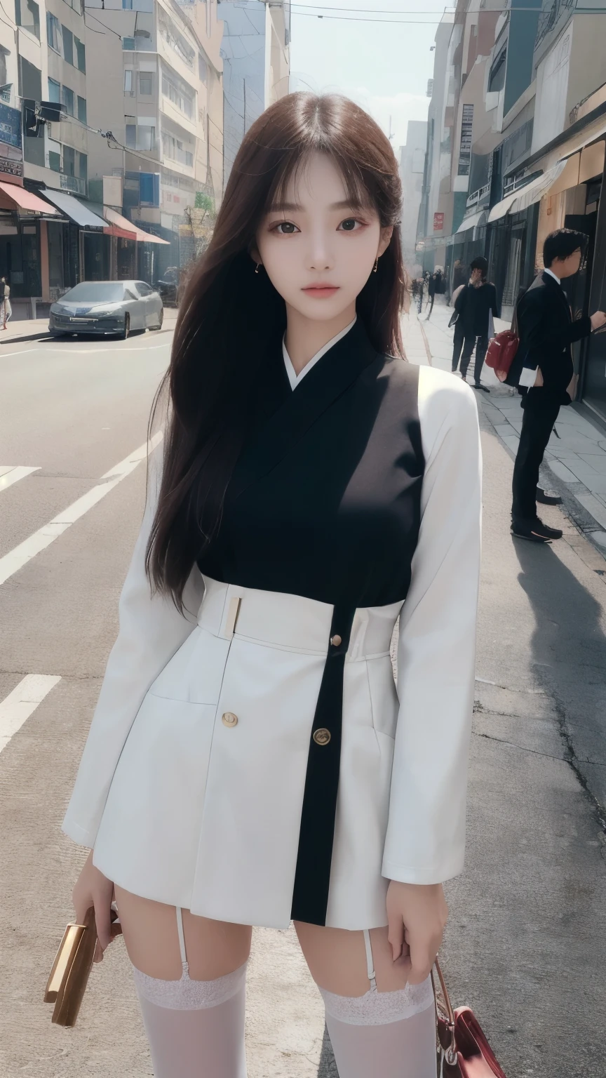 ((high quality, masterpiece:1.4)), 1 woman, ((elegant, majestic, beautiful, korean, upper body, street clothes:1.4, pretty face, At noon, street background:1.2)), absurd, high details, convoluted, convoluted details, sharp focus, screen space reflection, RTX, edge lighting, rim light, rim lighting, best lighting, 8 thousand, HD, full hd, Ultra HD, super resolution, megapixel, Refreshing, lumen reflection, Thai, noise cancellation, shader, After treatment, Post-production, insanely detailed and convoluted, maximalist, surreal, very detailed, stockings, detailed eyes, circle lens, detailed eyes, perfect face,