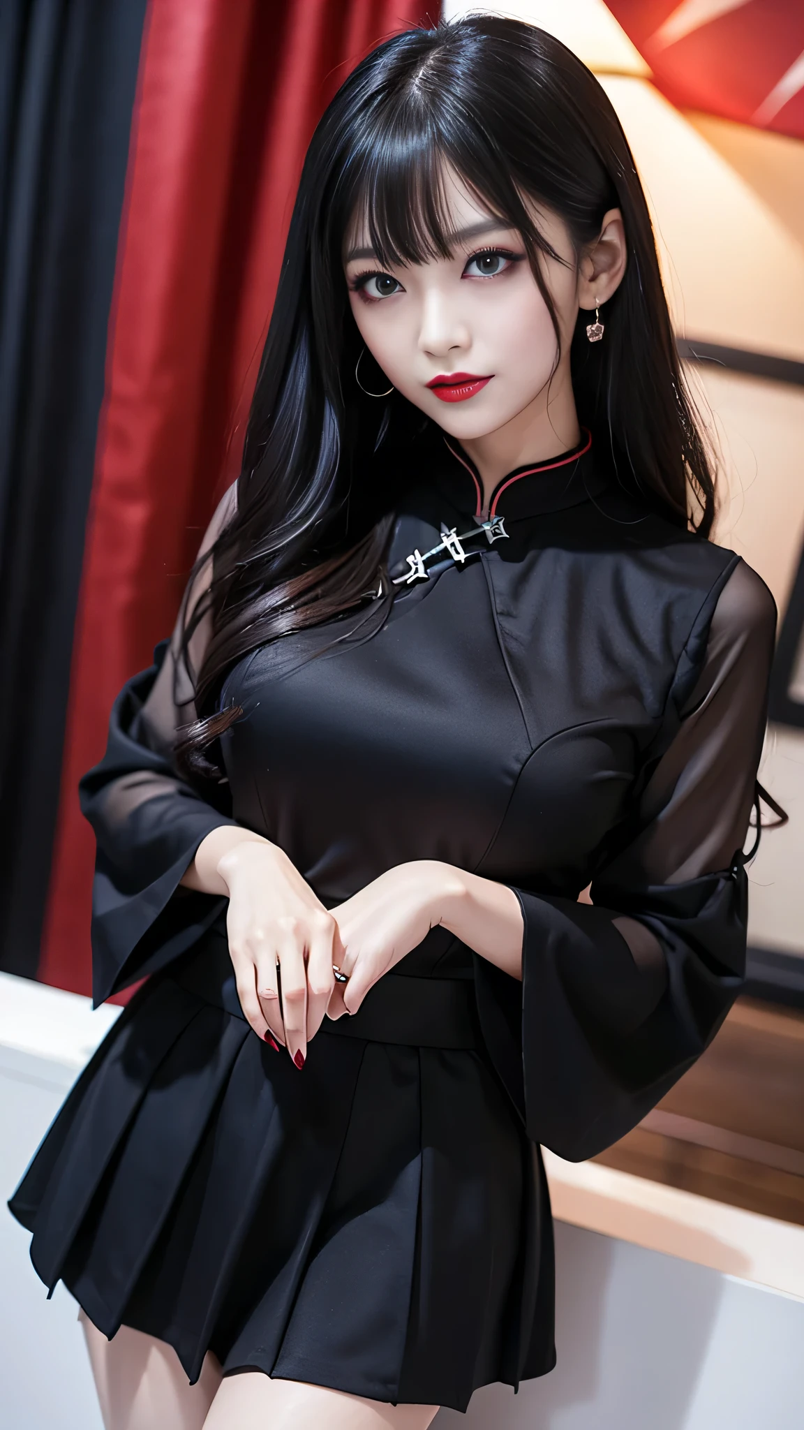detailed、Japanese、charming beauty、seductive adult woman、Beautiful woman、sharp eyes、cool girl、wavy hair、flowing bangs、long black cheongsam、wide sleeve、Tight Skirt、evilの幹部、evil depravity、brainwashing、Mind control、lipstick、lip gloss、grin、evilな表情、evil、empty eyes、evil、night walk、vampire、Succubus、vampire、makeup brush