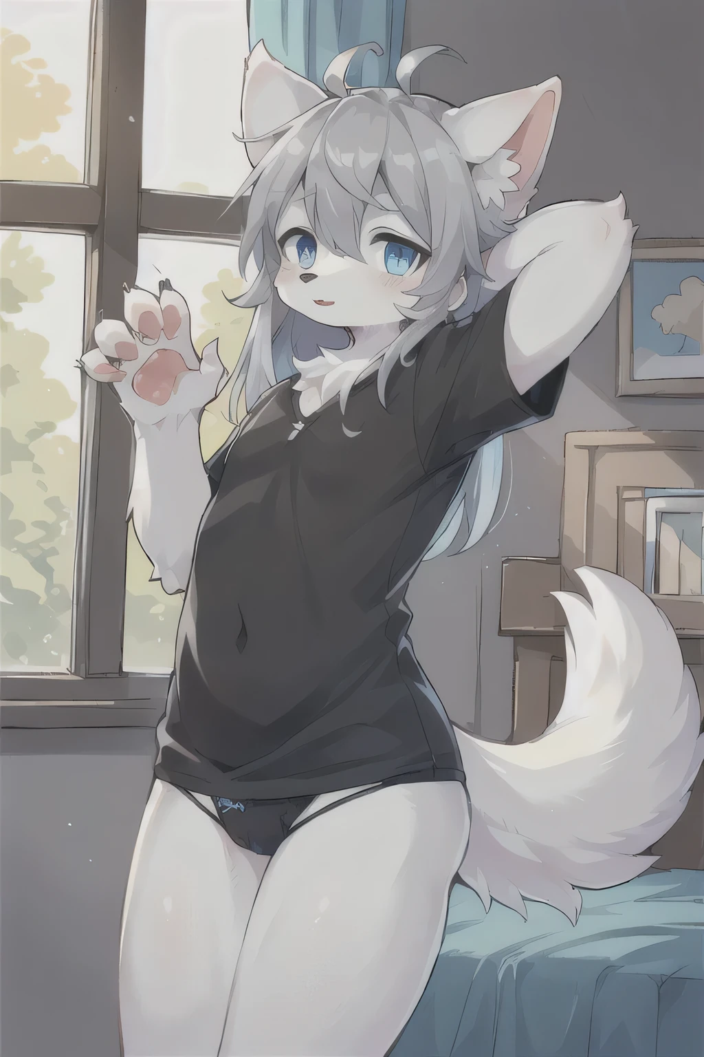 anthro boy cat, long hair, cat tail, solo, furry, furry boy, (girly, young, gray fur, gray body, blue eyes, gray hair:1.2), (panties, t-short, black clothes), (detailed background, window, room, day, summer, storm, street, gray background), pose
