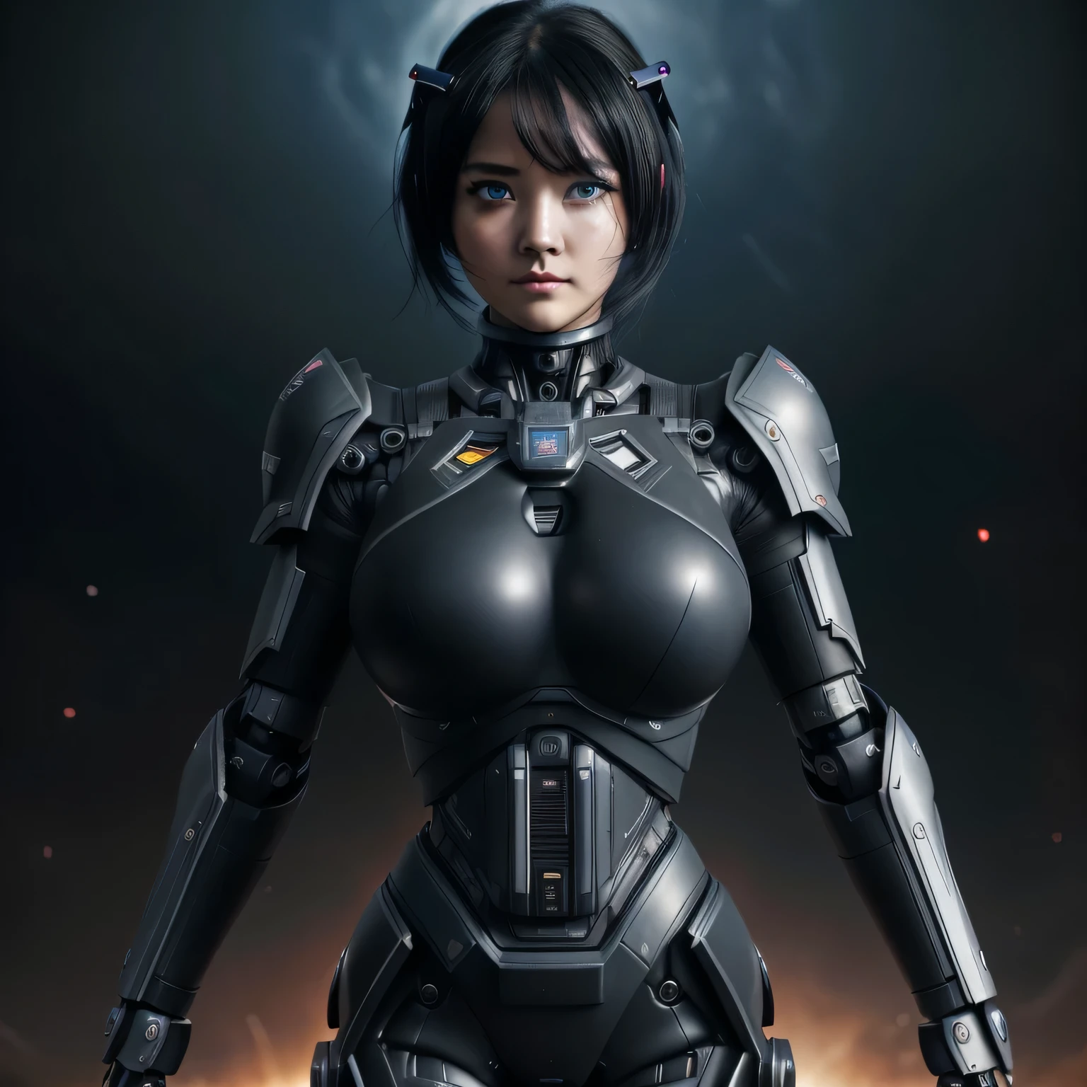 top-quality、Top image quality、masterpiece、Mecha Girl((18year old、Black and gray mechanical parts、Robot joints,Black tights,Bust 100、A dark-haired、Staring at the viewer、Breasts wide open,Large valleys、、Blue Eye、Dye cheeks、fighting poses))hiquality、depth of fields、Background with((World of the Apocalypse、Black sky))、Depth((planet earth))