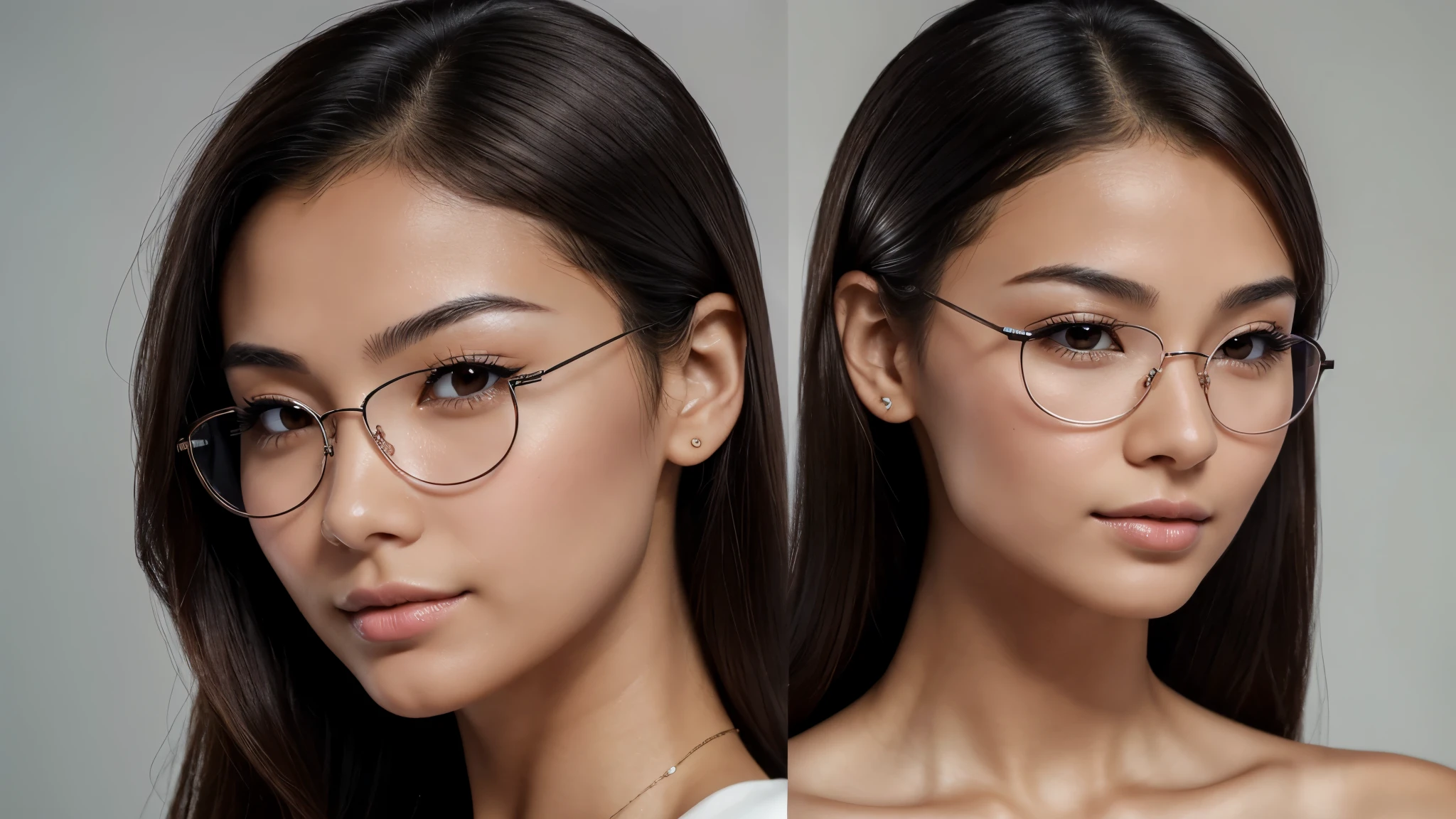 ((Beautiful)+nerd:0.8+cute:0.9) asian_woman, 20_years_woman, young_facial_feautures, (short_head:1.5 round_face:1.5), long_hair straight_hair (black_hair:1), symmetric_eyes:1 monolid_eyes:1 large_eyes:1.2 short_eyes:1.2 eye_wings:0.8 brown_eyes:1.5 mahogany_brown_eyes:1, double_eyelid:0.8, small_eyebrows:1.5 rounded_eyebrows:1.3, (tanned_skin:1.3), european_nose:1 delicate_nose:1.2, young_gorgeous_woman, feminine_cheeks large_cheeks:1.3 round_cheeks:1.2 cheek_dimples:0.9, small_lips:1.4 pink_lips:0.9, most_beautiful_woman (1Woman:1.5, (Masterpiece, 8K, best quality, highres:1.5), (three_quarter_shot:1.5, looking_at_viewer:1.5, body_looking_at_viewer:1.5), white_photoshoot:1, white_room:1, white_backdrop:1.5, standing, neutral_body_posture:1.5, (neutral_facial_expression:1.5, closed_lips:1), wearing white_strapless_mini_dress), slender_body:1, short_body:1, (big breasts:1.3), sexy glasses