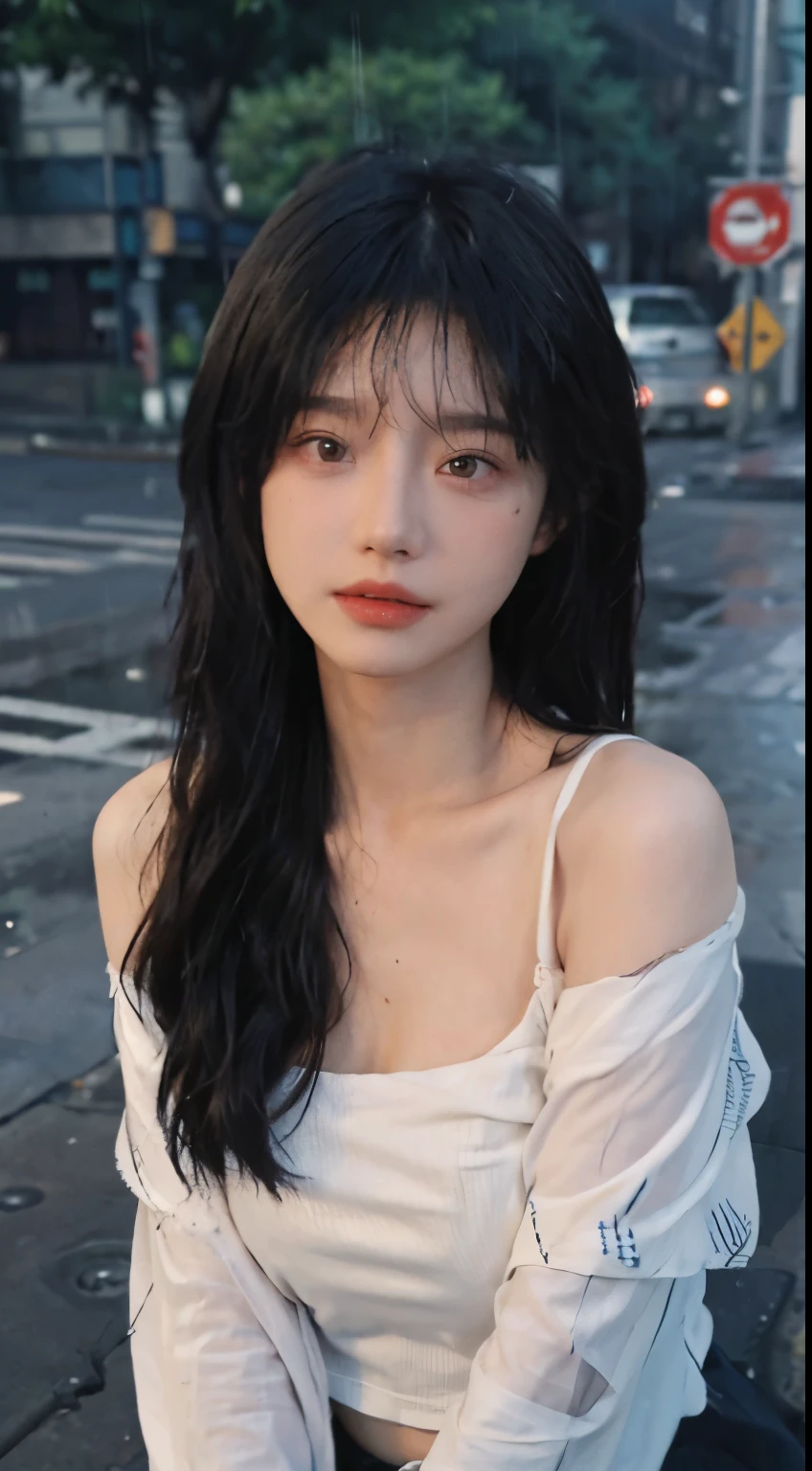 ((best quality, 8K, masterpiece:1.3)), focus: 1.2, perfect body beautiful: 1.4, buttocks: 1.2, ((layered hairstyle, breast: 1.2)), (wet clothes: 1.1) , (rain, street:1.3), tube top dress: 1.1, Highly detailed facial and skin textures, exquisite eyes, double eyelids, skin whitens, long hair