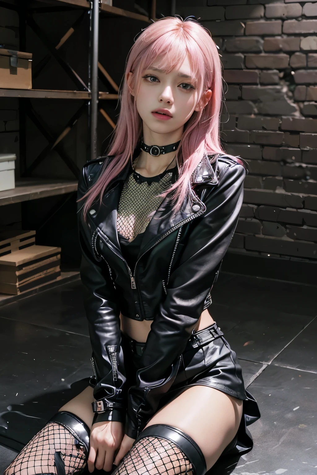 Punk rock gothic girl, pale skin, heavy makeup, coloured long hair, leather clothes, using a cross in the necklace, big and big butt. Rock girl, tattooed body. Leather shorts and leather jacket clothes.