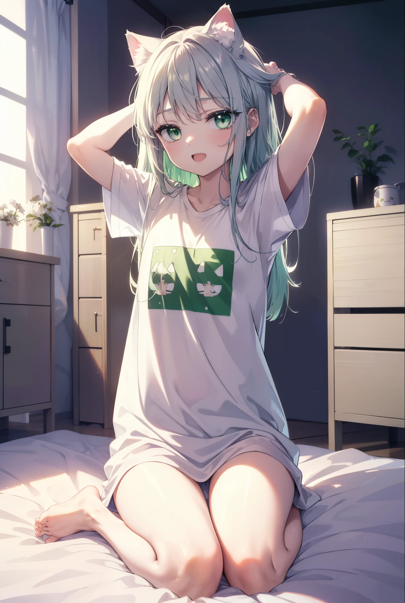 index, index, (green eyes:1.5), silver hair, long hair, (flat chest:1.2),Cat ear,cat tail,happy smile, smile, open your mouth,T-shirt with a bare cat print, oversized tシャツ, oversized t-shirt,black string underwear, barefoot,barefoot,arm behind head, Sitting on the bed,morning,morning日,the sun is rising,
break looking at viewer, Upper body, whole body,
break indoors, Bedroom,
break (masterpiece:1.2), highest quality, High resolution, unity 8k wallpaper, (figure:0.8), (beautiful deしっぽed eyes:1.6), extremely deしっぽed face, perfect lighting, extremely deしっぽed CG, (perfect hands, perfect anatomy),