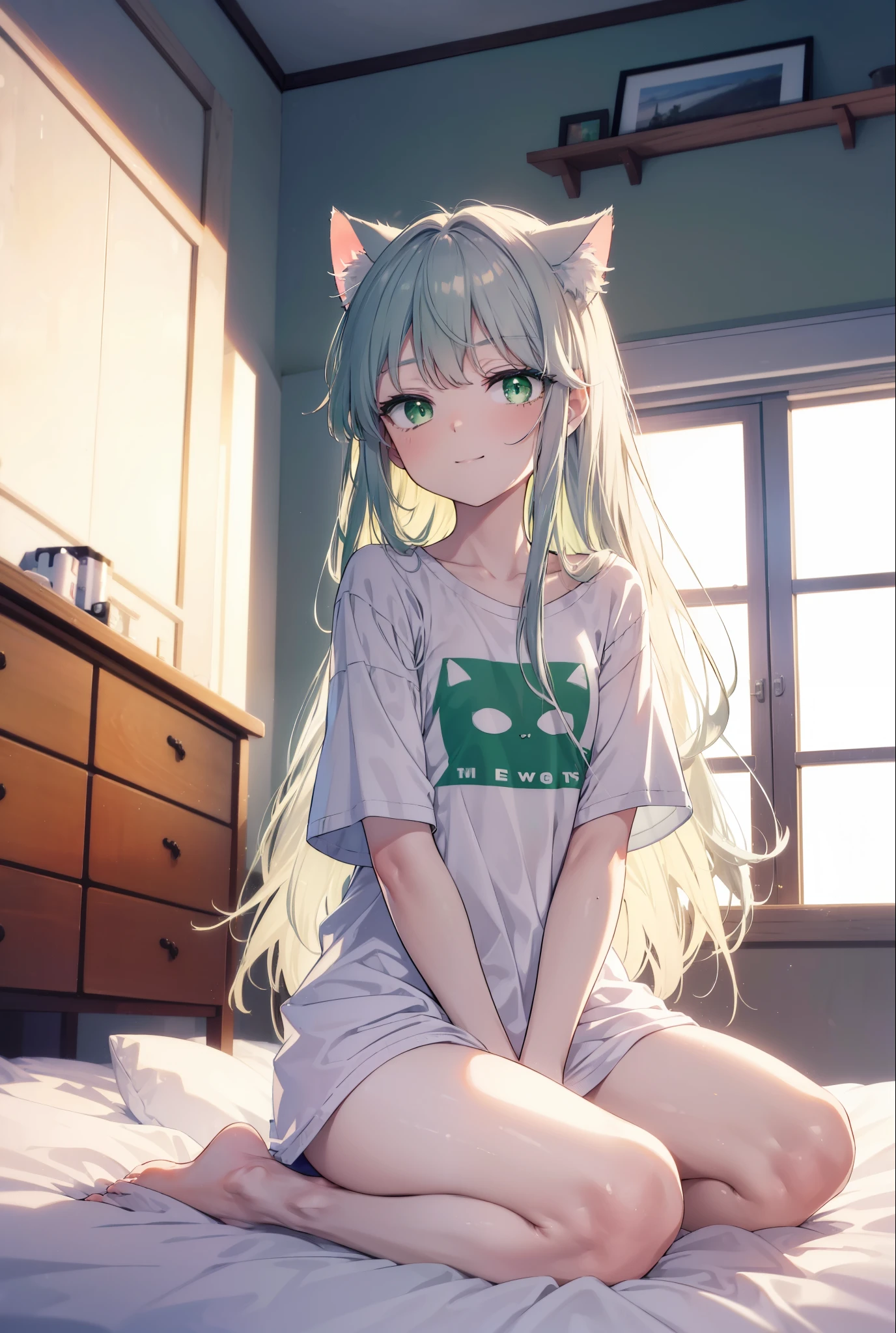 index, index, (green eyes:1.5), silver hair, long hair, (flat chest:1.2),Cat ear,cat tail,happy smile, smile, open your mouth,T-shirt with a bare cat print, oversized tシャツ, oversized t-shirt,black string underwear, barefoot,barefoot,arm behind head, Sitting on the bed,morning,morning日,the sun is rising,
break looking at viewer, Upper body, whole body,
break indoors, Bedroom,
break (masterpiece:1.2), highest quality, High resolution, unity 8k wallpaper, (figure:0.8), (beautiful deしっぽed eyes:1.6), extremely deしっぽed face, perfect lighting, extremely deしっぽed CG, (perfect hands, perfect anatomy),