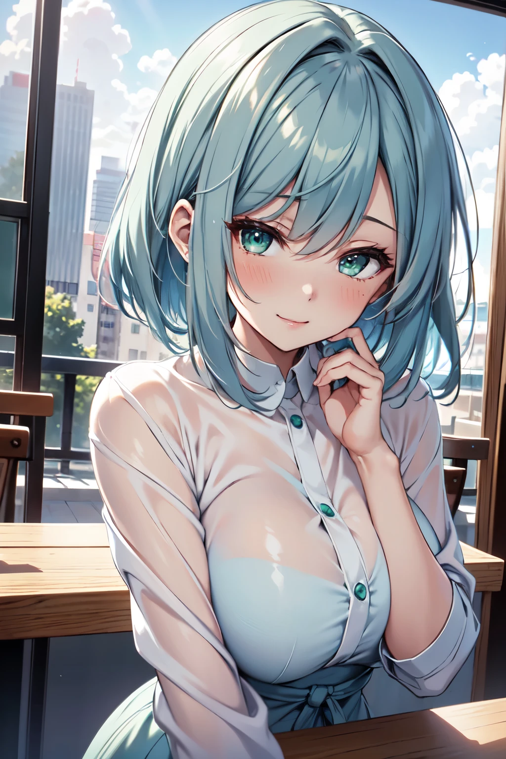 one girl, with light blue hair and beautiful, detailed, emerald-green eyes, sporting a short bob;
The enlarged depiction of her upper body is a masterpiece in 8k resolution, a top-quality RAW photo in the best possible realism and photo-realism (1.37);
Ultra-detailed, her limbs are depicted with sensitivity and care, showcasing her beautiful form;
She sits solo in a café, her nose blushing slightly as she smiles (1.1), her closed mouth holding a soft curve;
The beautiful detailed sky outside the café window is painted in vivid neon hues;
Her large breasts are seductively on