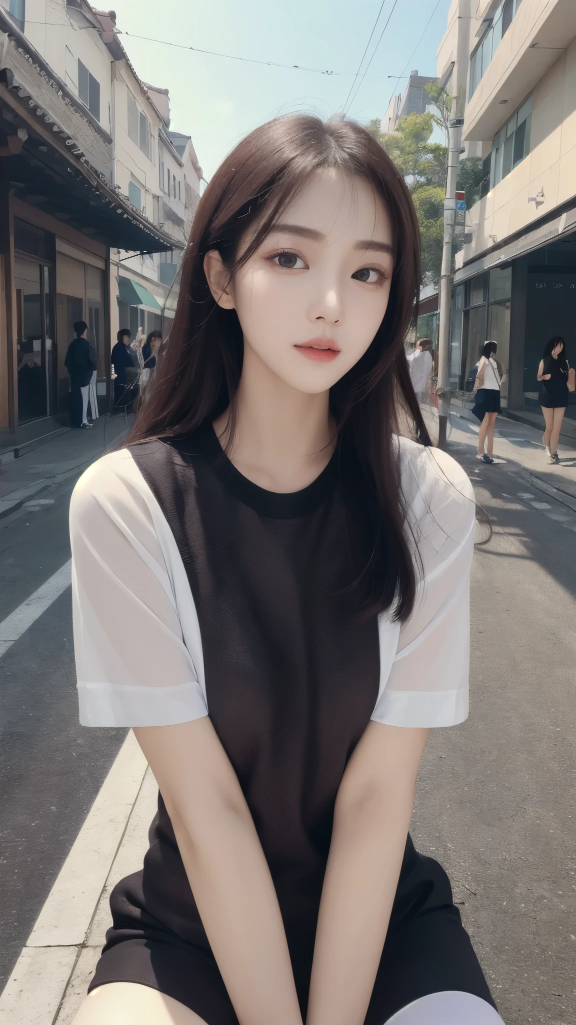 ((high quality, masterpiece:1.4)), 1 woman, ((elegant, majestic, beautiful, korean, upper body, street clothes:1.4, pretty face, At noon, street background:1.2)), absurd, high details, convoluted, convoluted details, sharp focus, screen space reflection, RTX, edge lighting, rim light, rim lighting, best lighting, 8 thousand, HD, full hd, Ultra HD, super resolution, megapixel, Refreshing, lumen reflection, Thai, noise cancellation, shader, After treatment, Post-production, insanely detailed and convoluted, maximalist, surreal, very detailed, stockings, detailed eyes, circle lens, detailed eyes, perfect face,